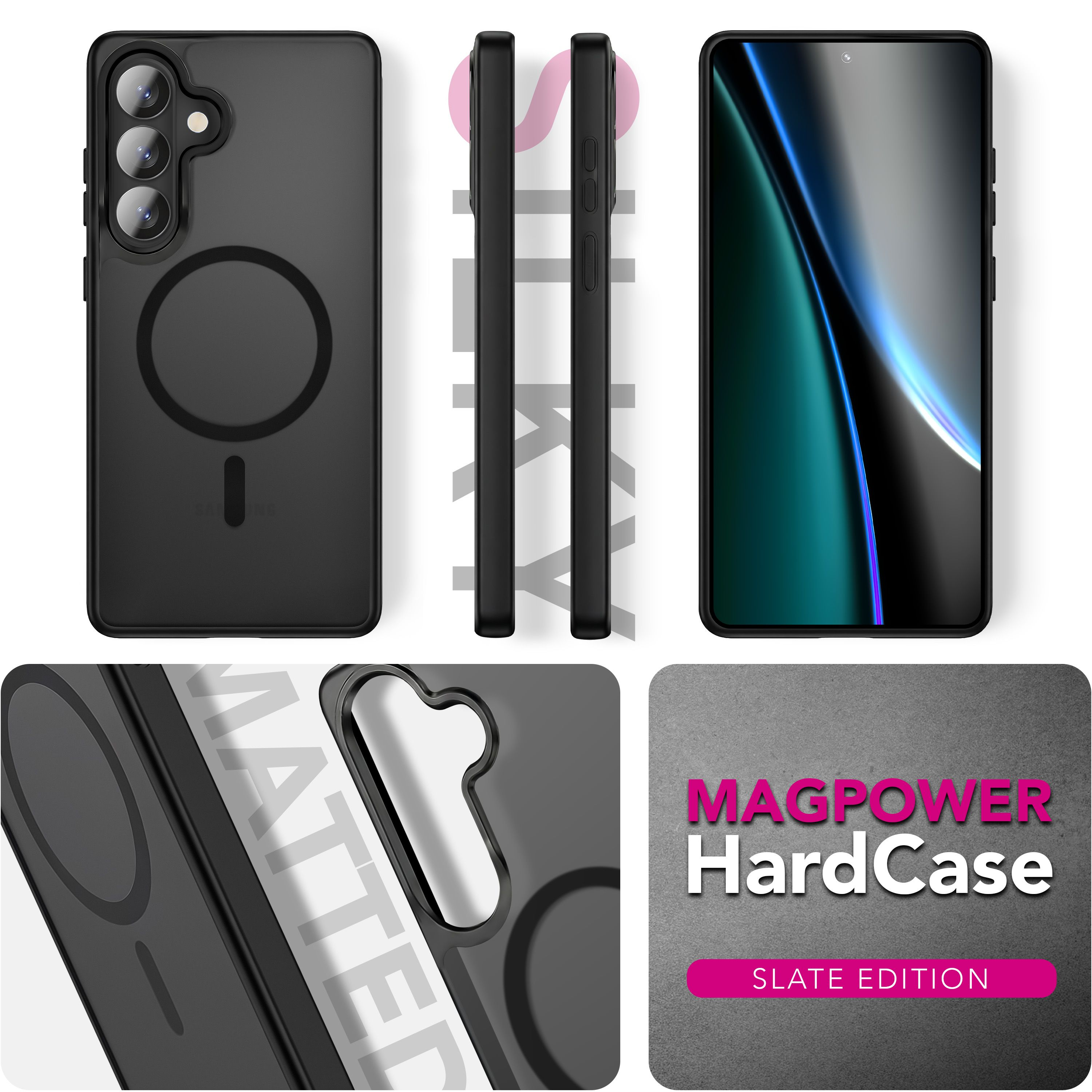 Schwarze Handyhülle mit drei Kameralinsen und MagSafe-Kreis.