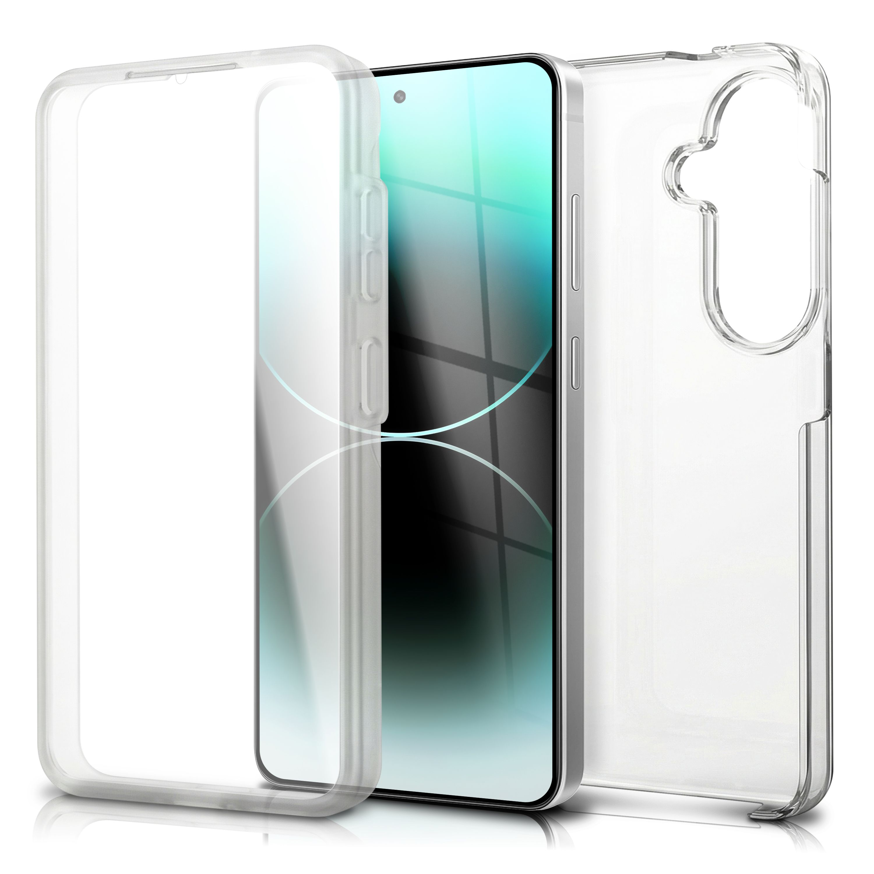 Transparente Handyhülle mit einem Smartphone im Inneren, auf weißem Hintergrund.