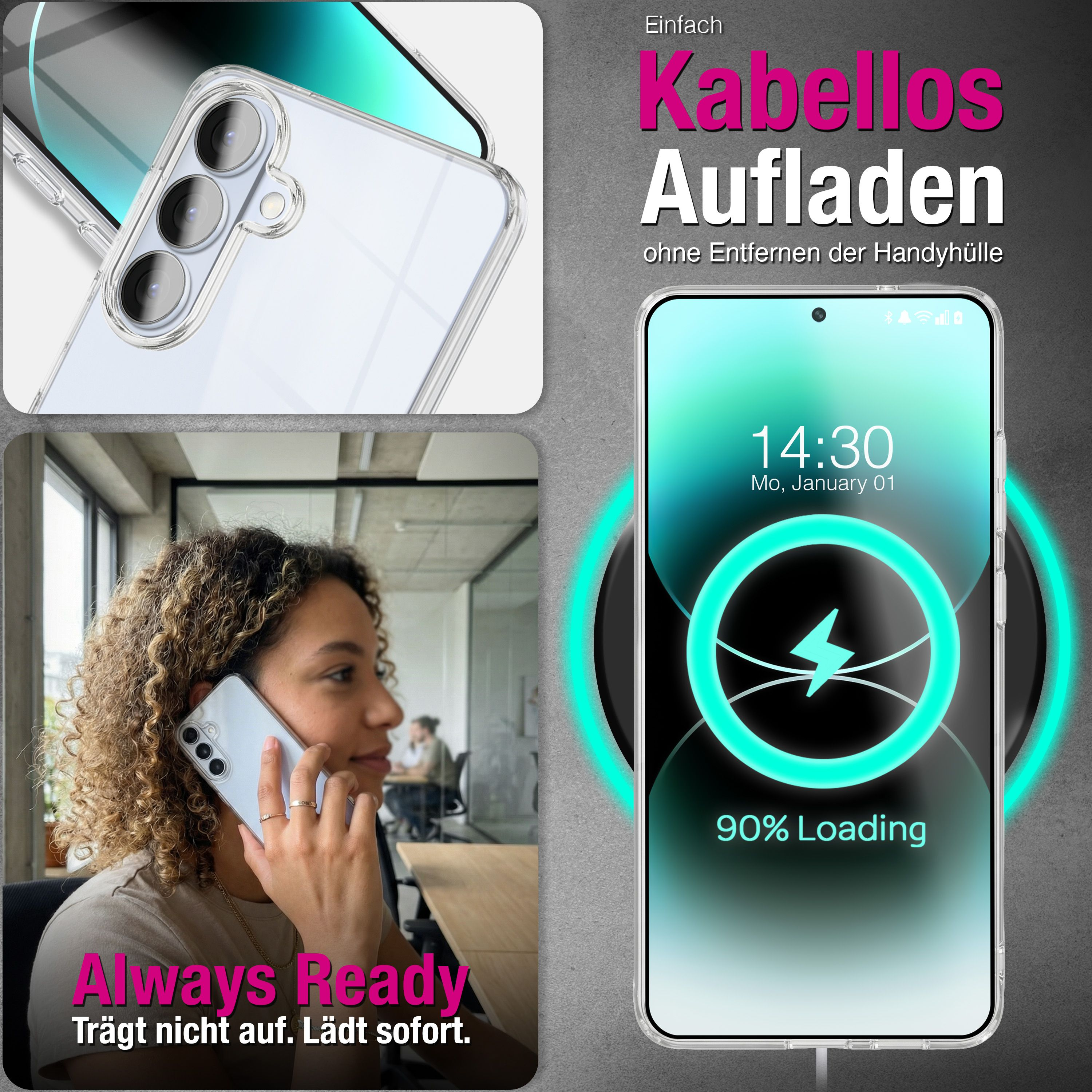 Smartphone wird kabellos geladen, neben einer Frau am Telefon.