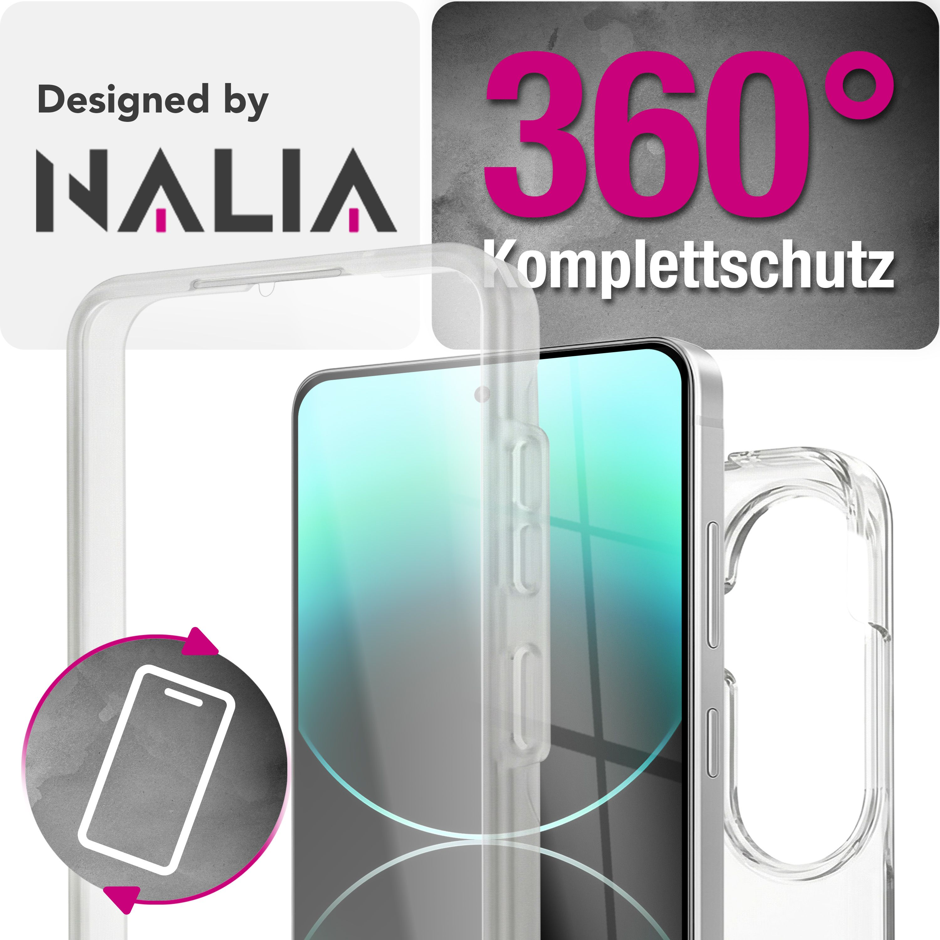 Transparentes Handyhüllen-Mockup mit „Designed by NALIA“ und „360° Komplettschutz“.
