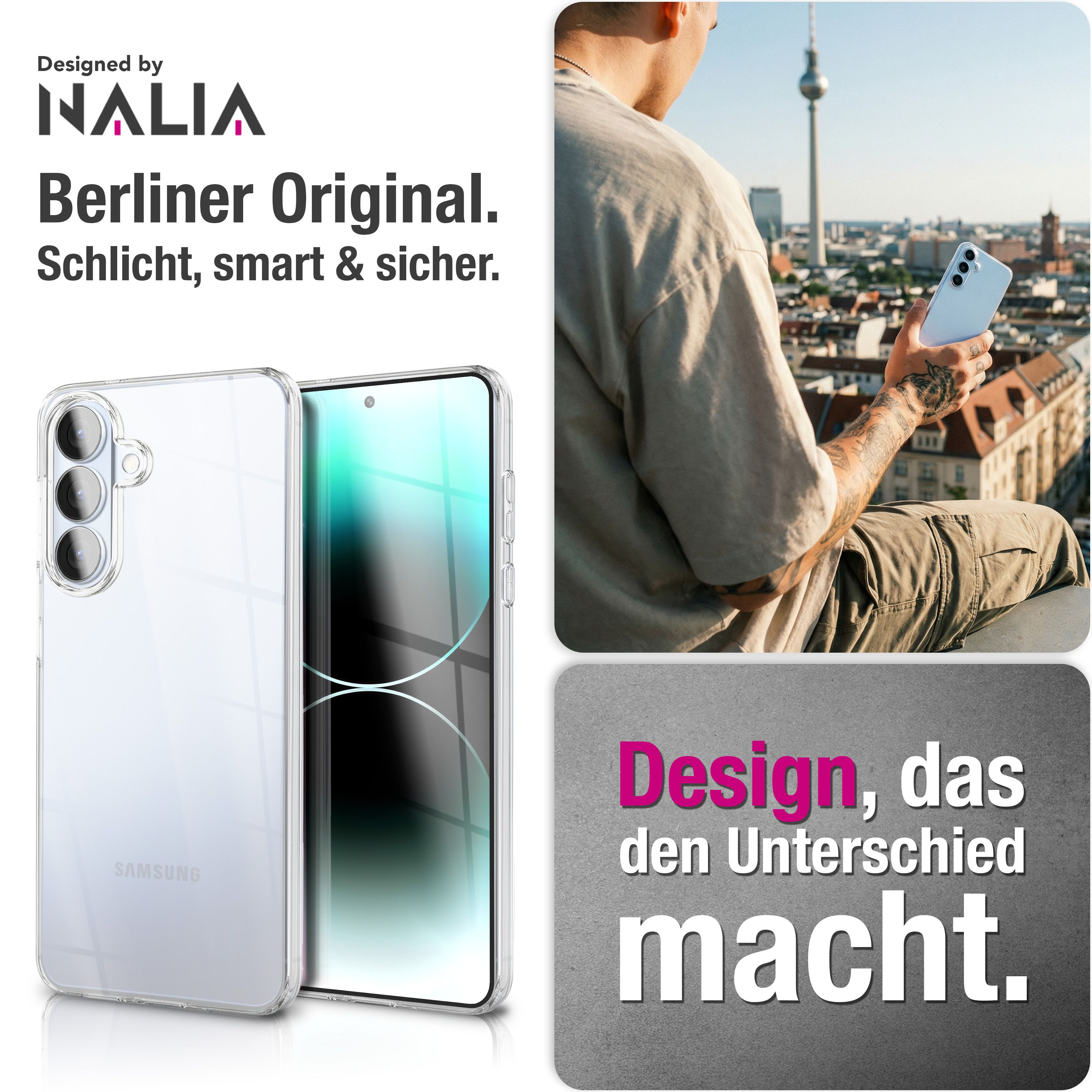 Transparente Handyhülle mit Samsung-Logo und Berlin-Skyline im Hintergrund.