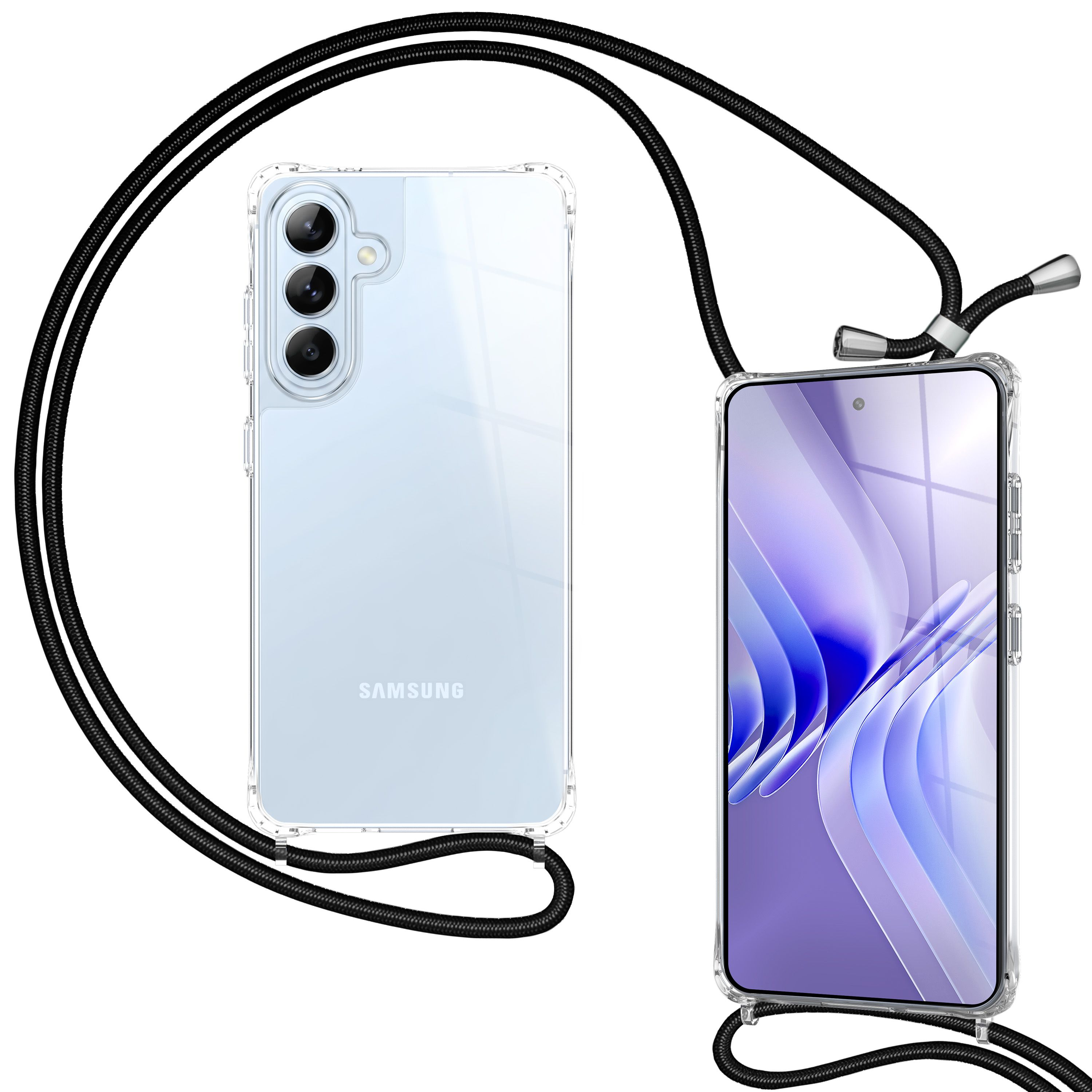 Ein durchsichtiges Samsung-Handy mit schwarzer Kordel, Vorder- und Rückseite.