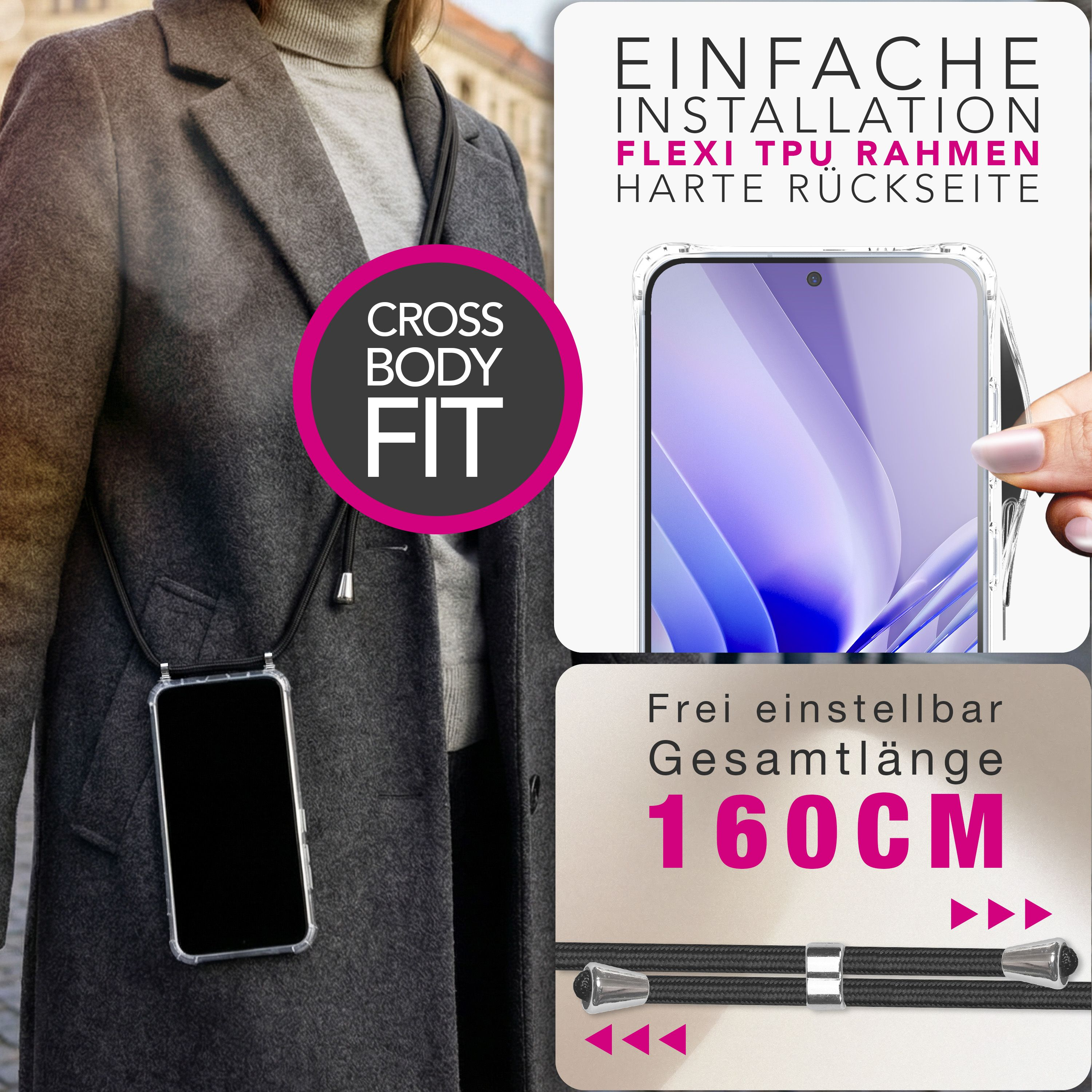 Person mit Smartphone-Hülle mit Kordel. Text: Einfache Installation, 160cm.