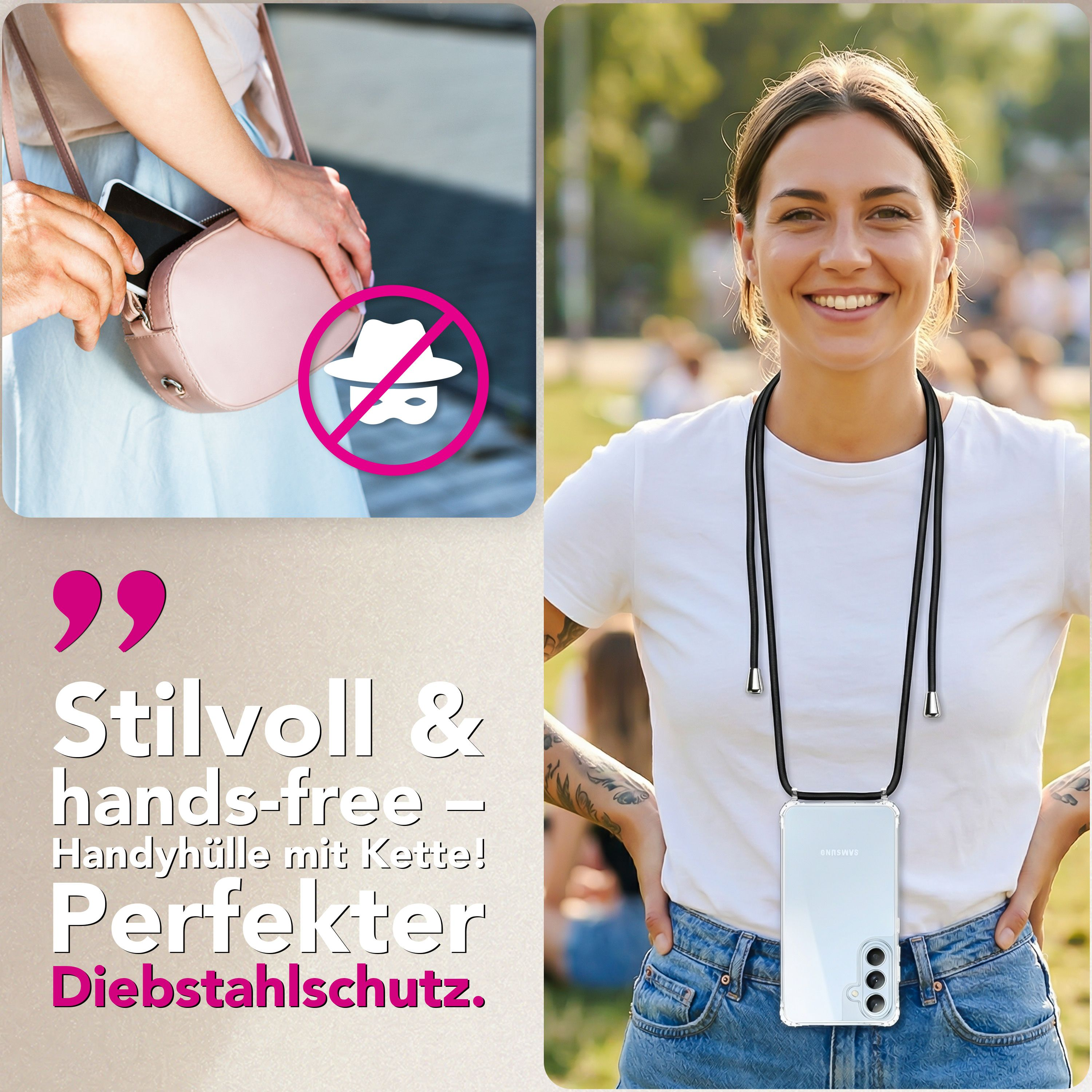 Eine Frau trägt ein Handy mit Kette. Ein Diebstahlschutz-Symbol ist zu sehen.