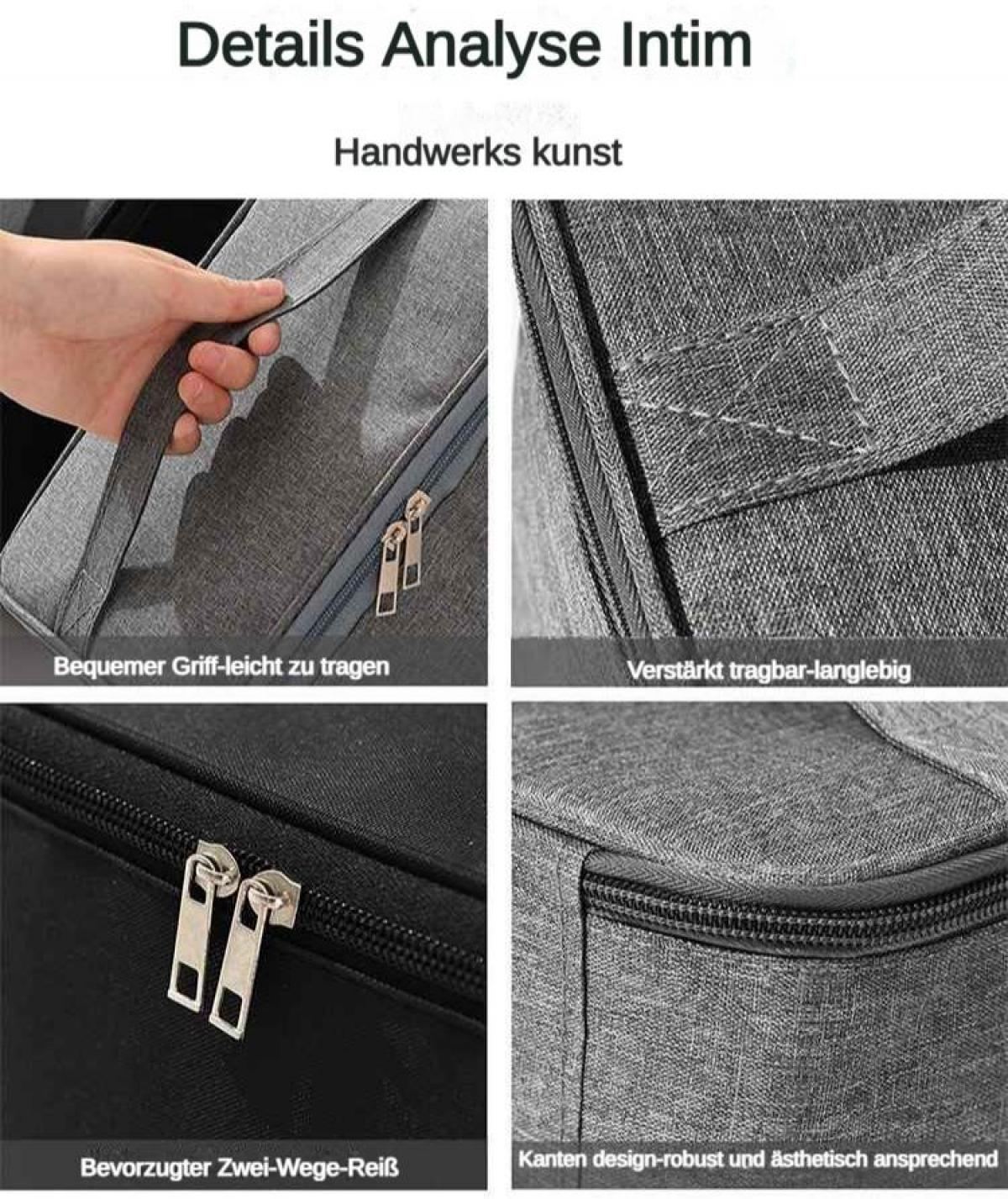 Detailansichten einer grauen Tasche: Griff, Naht, Reißverschluss und Kante.