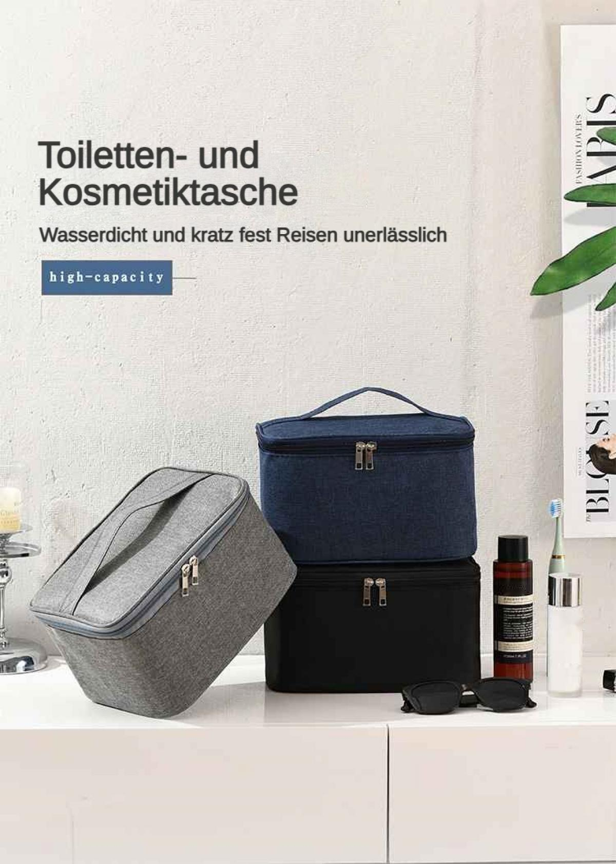 Drei Kosmetiktaschen in Grau, Dunkelblau und Schwarz stehen auf einer weißen Oberfläche.