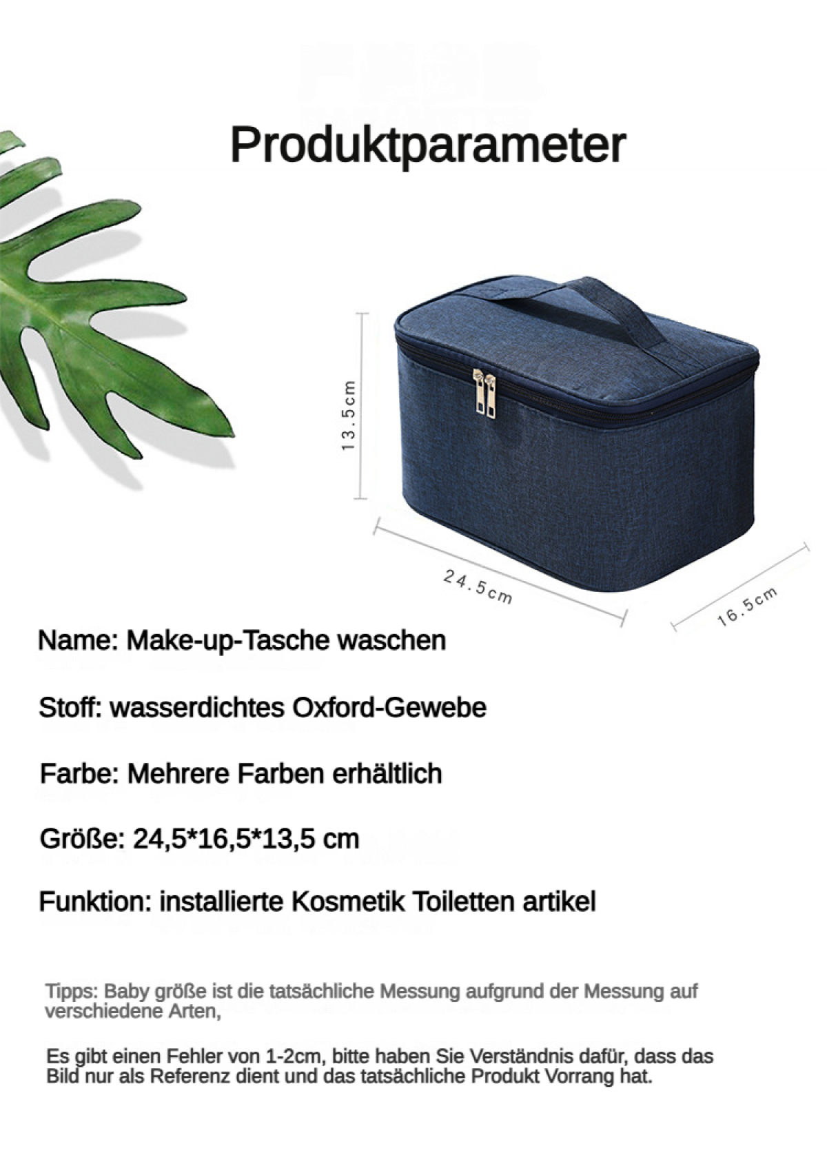 Dunkelblaue Kosmetiktasche mit Tragegriff, Maße 24,5x16,5x13,5cm.