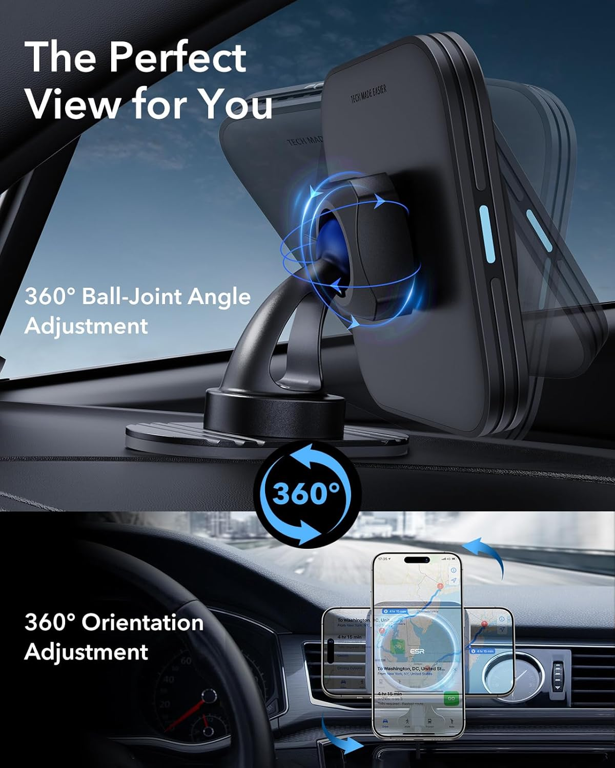 Ein Auto-Handyhalter mit 360°-Kugelgelenk- und Orientierungsverstellung.