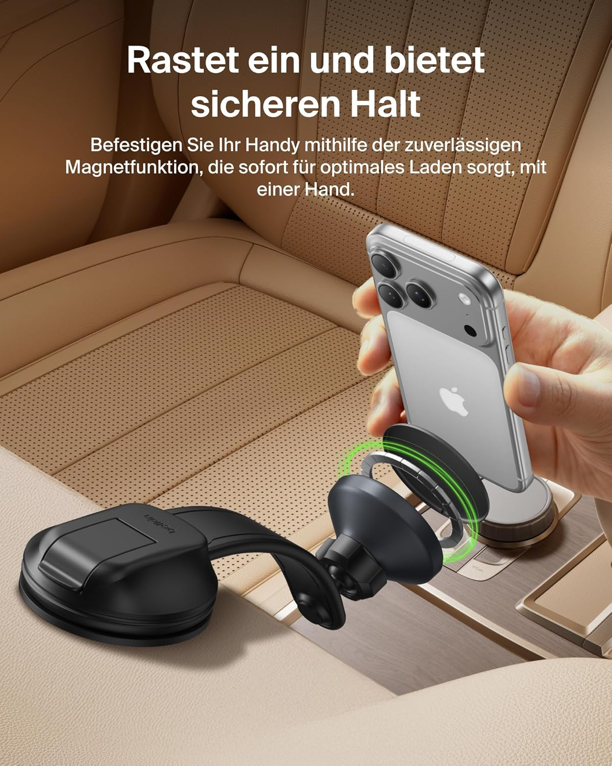 Ein Handyhalter mit Magnetfunktion wird auf einem Autositz platziert.