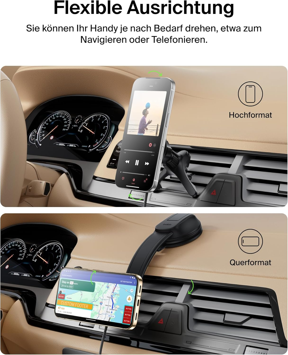 Handyhalterung im Auto: Hoch- und Querformat für Navigation und Anrufe.