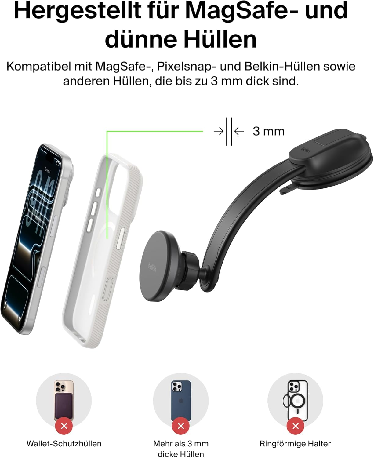 iPhone mit Hüllen und MagSafe-Halterung. Kompatibel mit dünnen Hüllen.