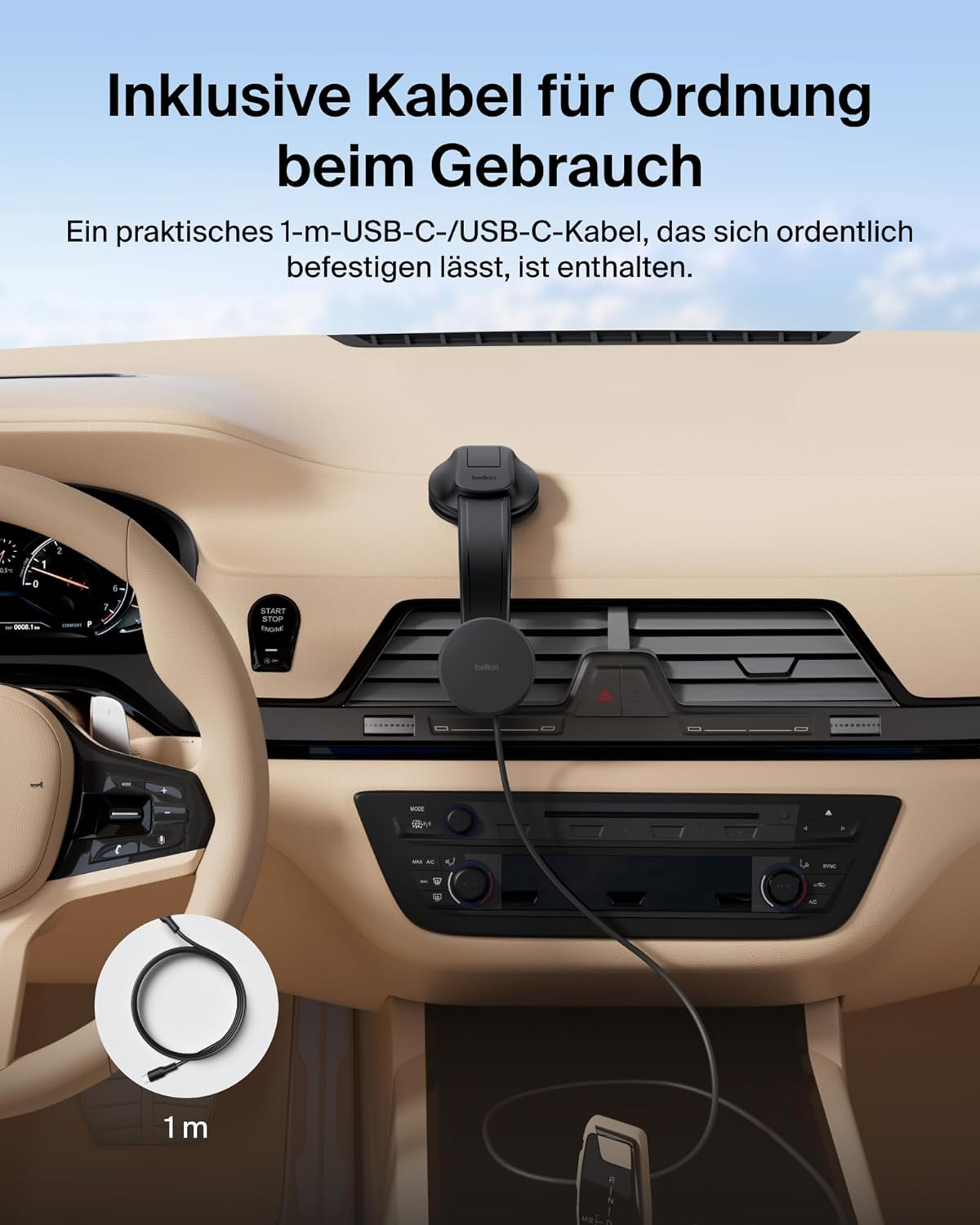 Ein 1m USB-C Kabel ist am Armaturenbrett befestigt. Ein Auto-Innenraum ist zu sehen.