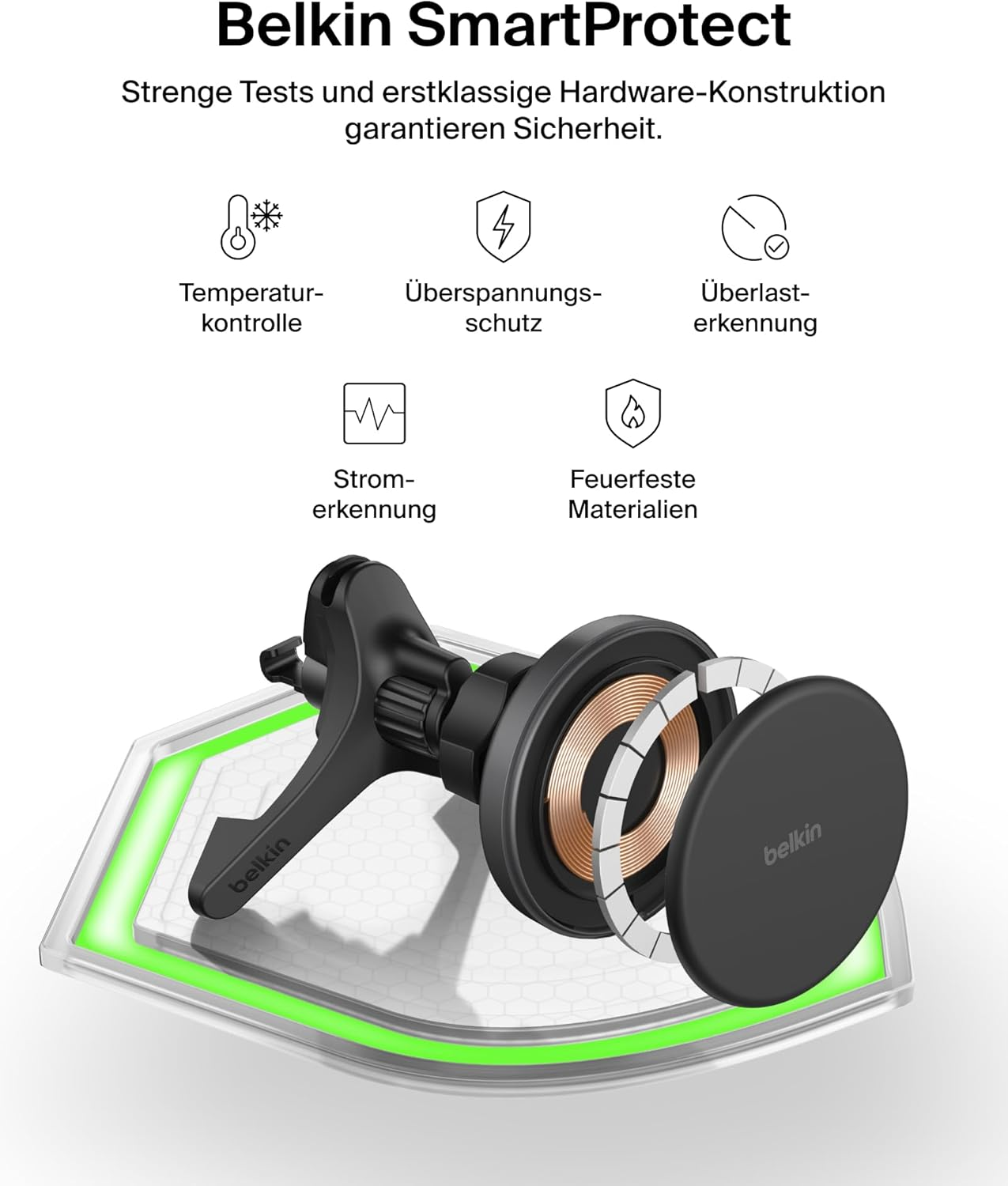 Belkin SmartProtect Ladegerät mit Temperatur-, Spannungs- und Überlastschutz.