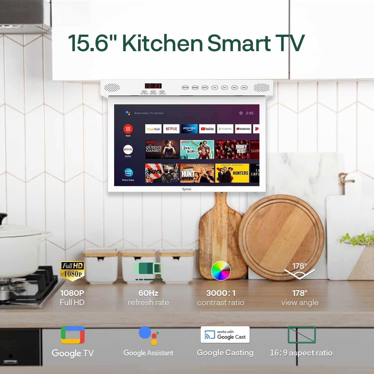 Un Smart TV de cocina de 15,6 pulgadas muestra apps como Netflix y YouTube. Se enumeran las especificaciones.