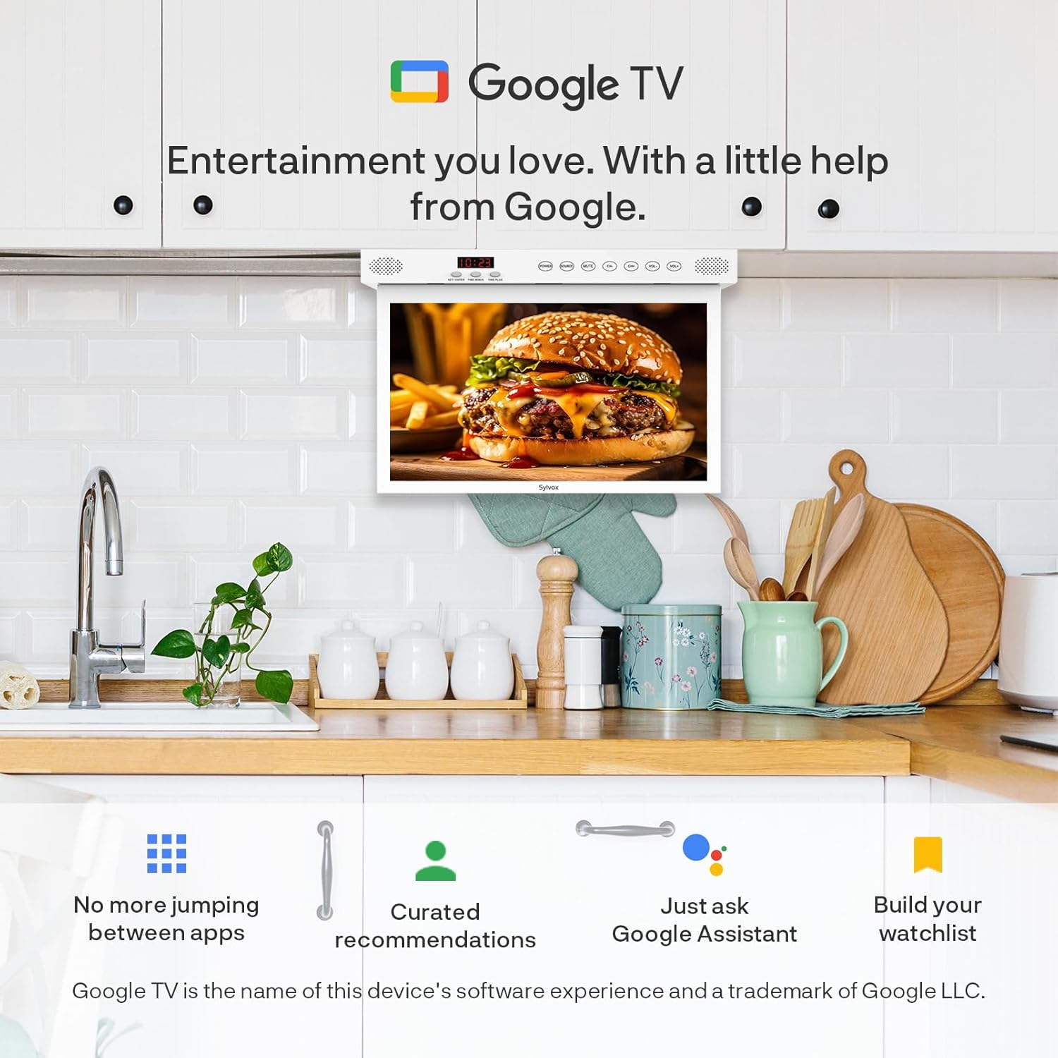 Una encimera de cocina con un televisor que muestra una hamburguesa. Logo de Google TV arriba.