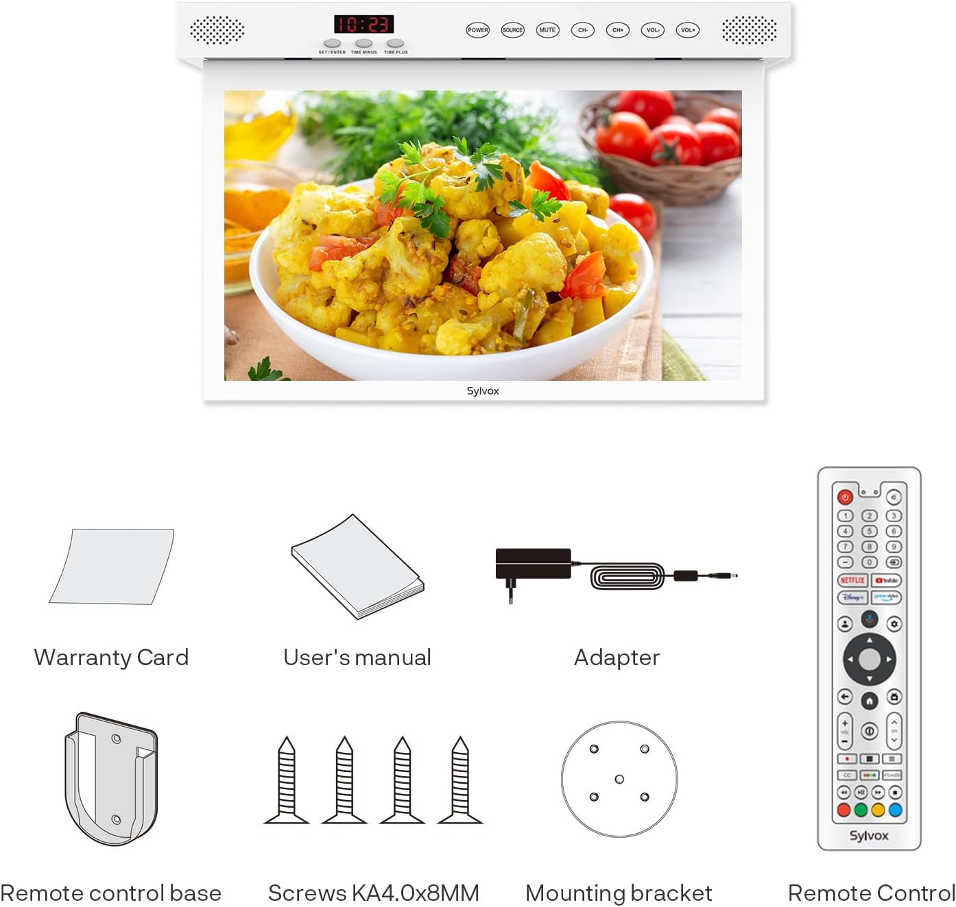 Ein Fernsehgerät mit einem Essen, Zubehör wie Fernbedienung, Adapter, Schrauben.