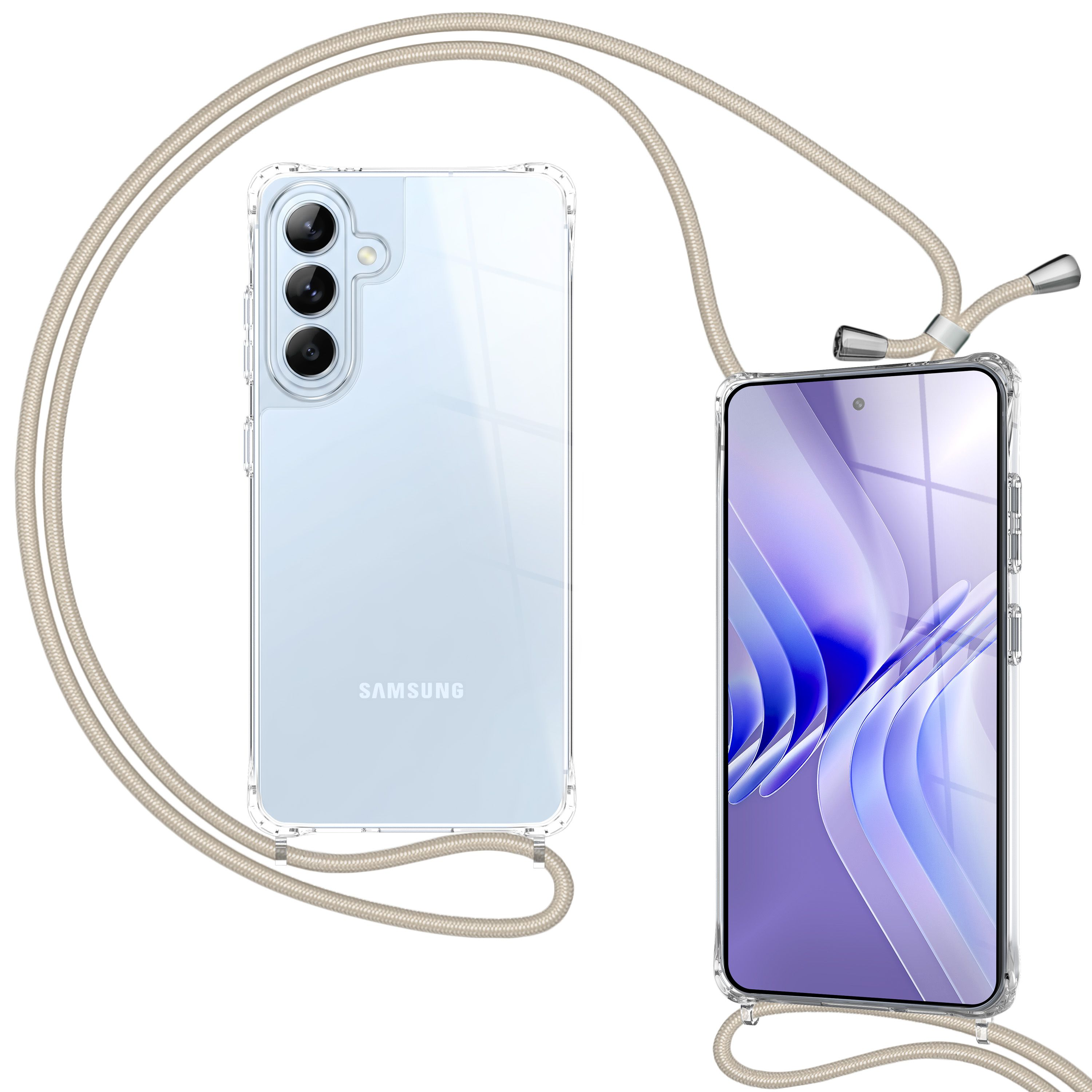 Transparente Hülle mit beige Band. Rückseite zeigt Samsung Logo und drei Kameras.