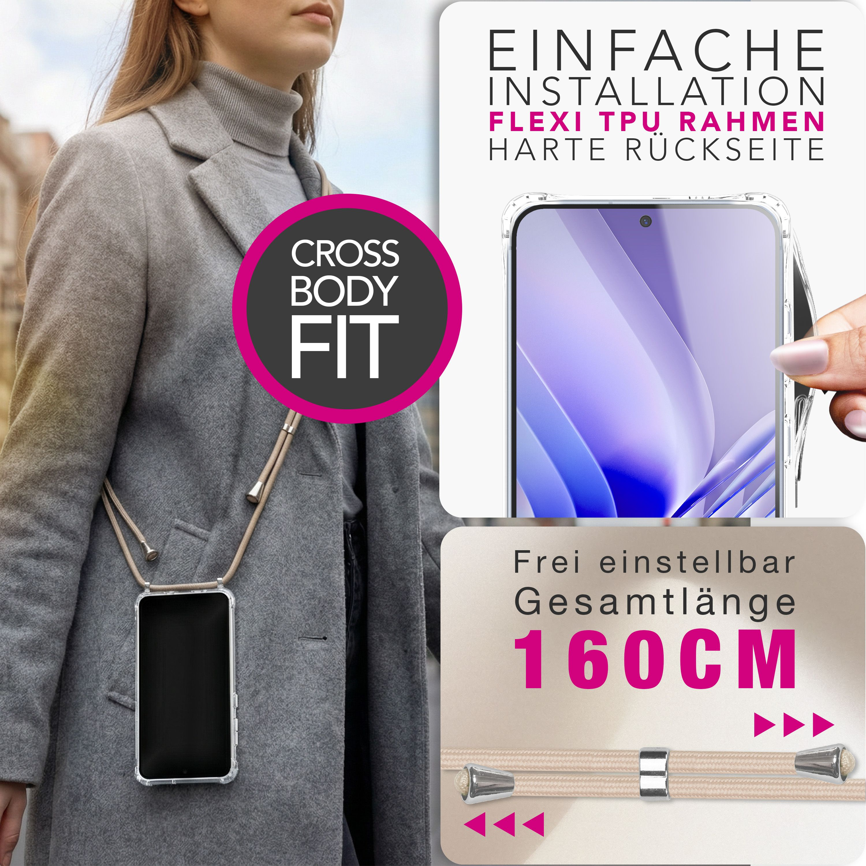 Eine Frau trägt ein Handy mit Band um den Hals. Klare Hülle, 160 cm.