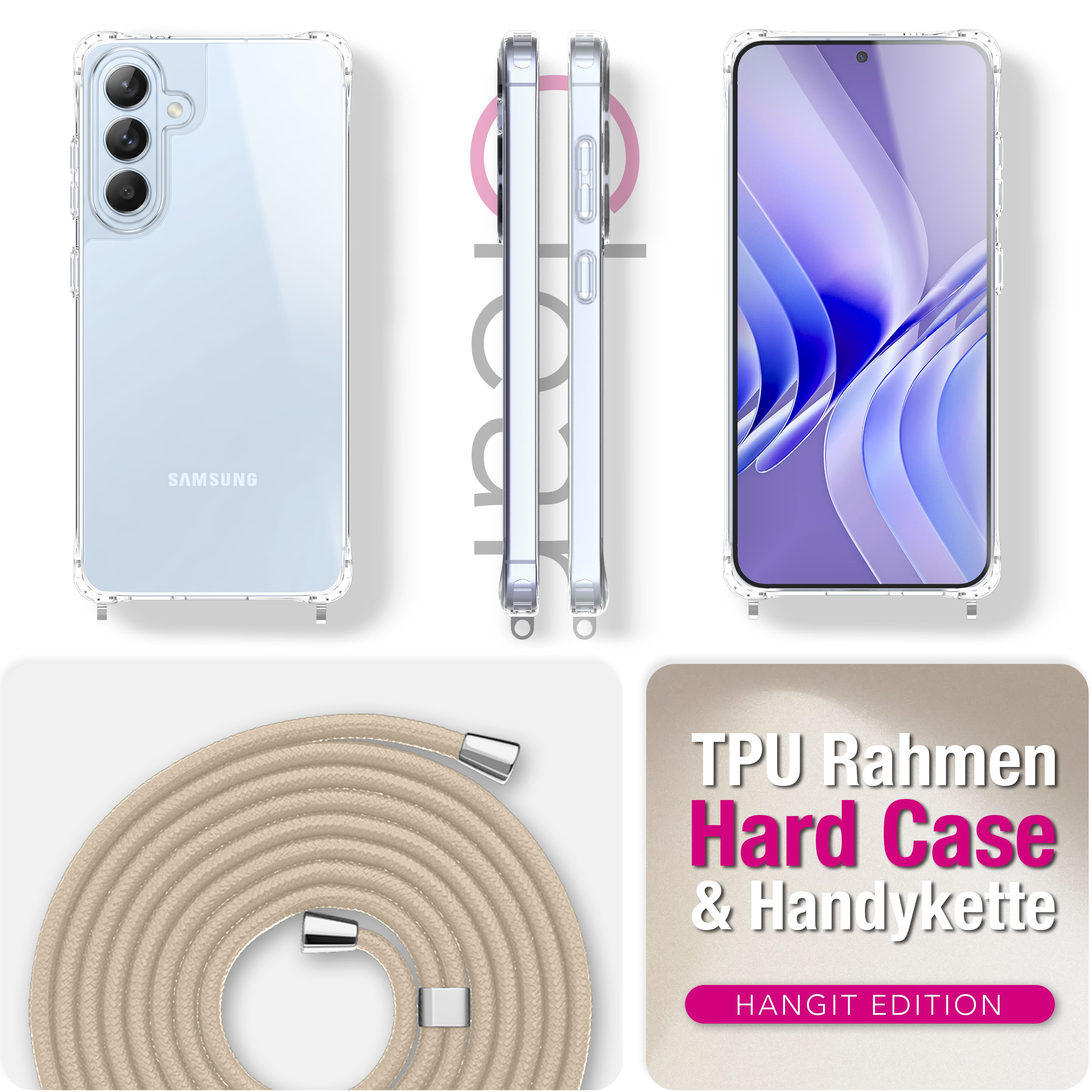 Transparente Handyhülle mit drei Kameras, Lanyard und Smartphone.