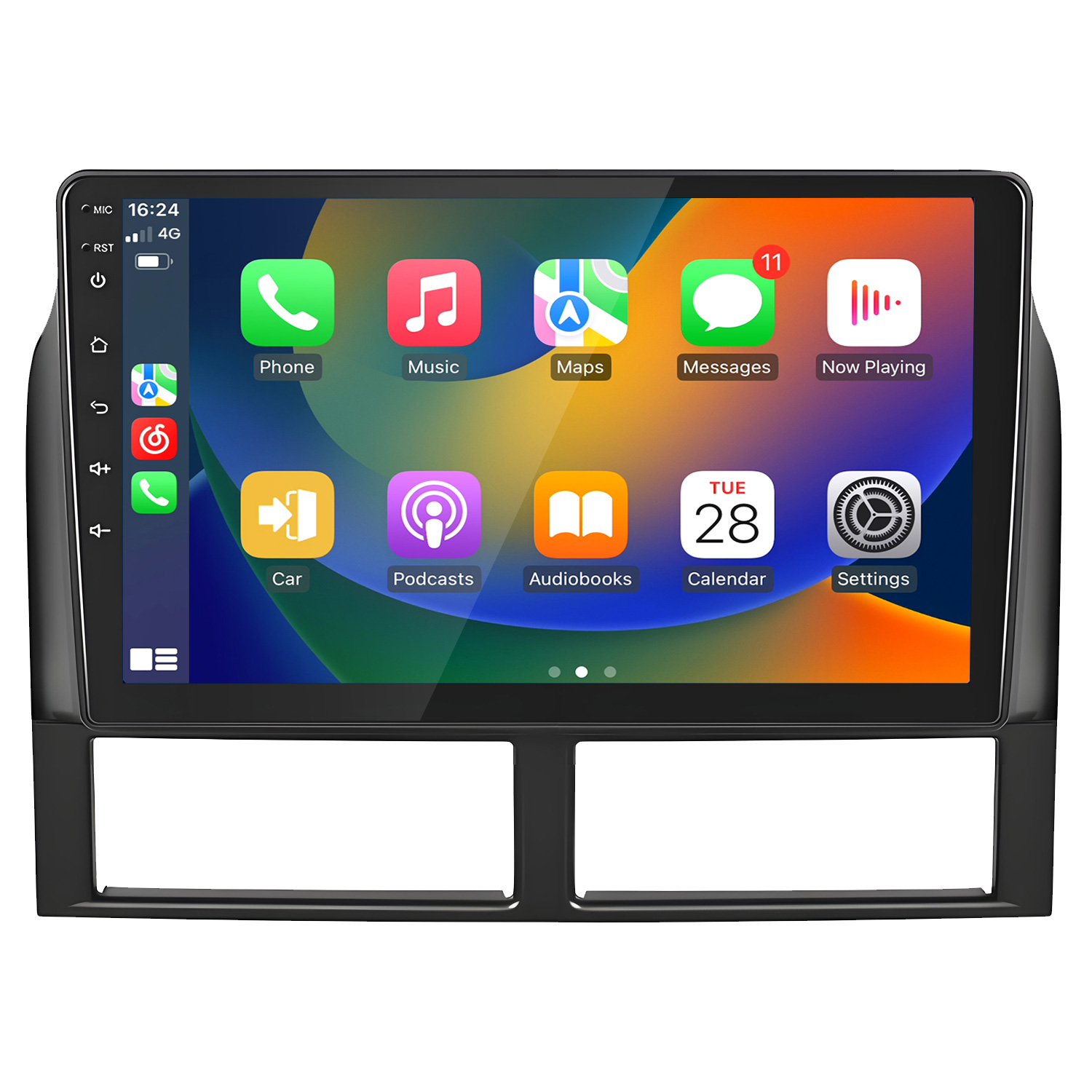 Infotainment-System-Bildschirm im Auto mit App-Symbolen: Telefon, Musik, Karten, Nachrichten, Aktuelle Wiedergabe, Auto, Podcasts, Hörbücher, Kalender, Einstellungen.
