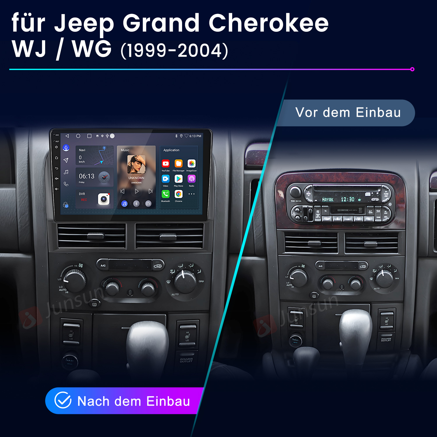 Vorher und nachher Vergleich eines Jeep Grand Cherokee WJ/WG (1999-2004) Radios.
