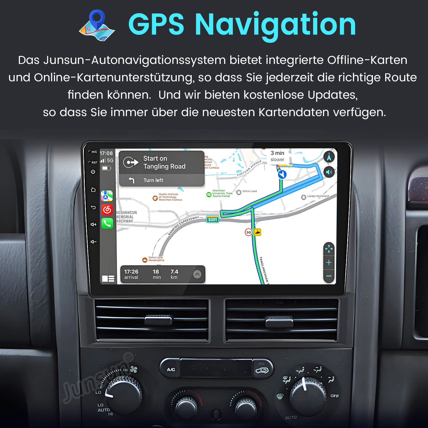 Ein Autoradio-Bildschirm zeigt eine GPS-Navigationskarte mit blauen und grünen Routen.