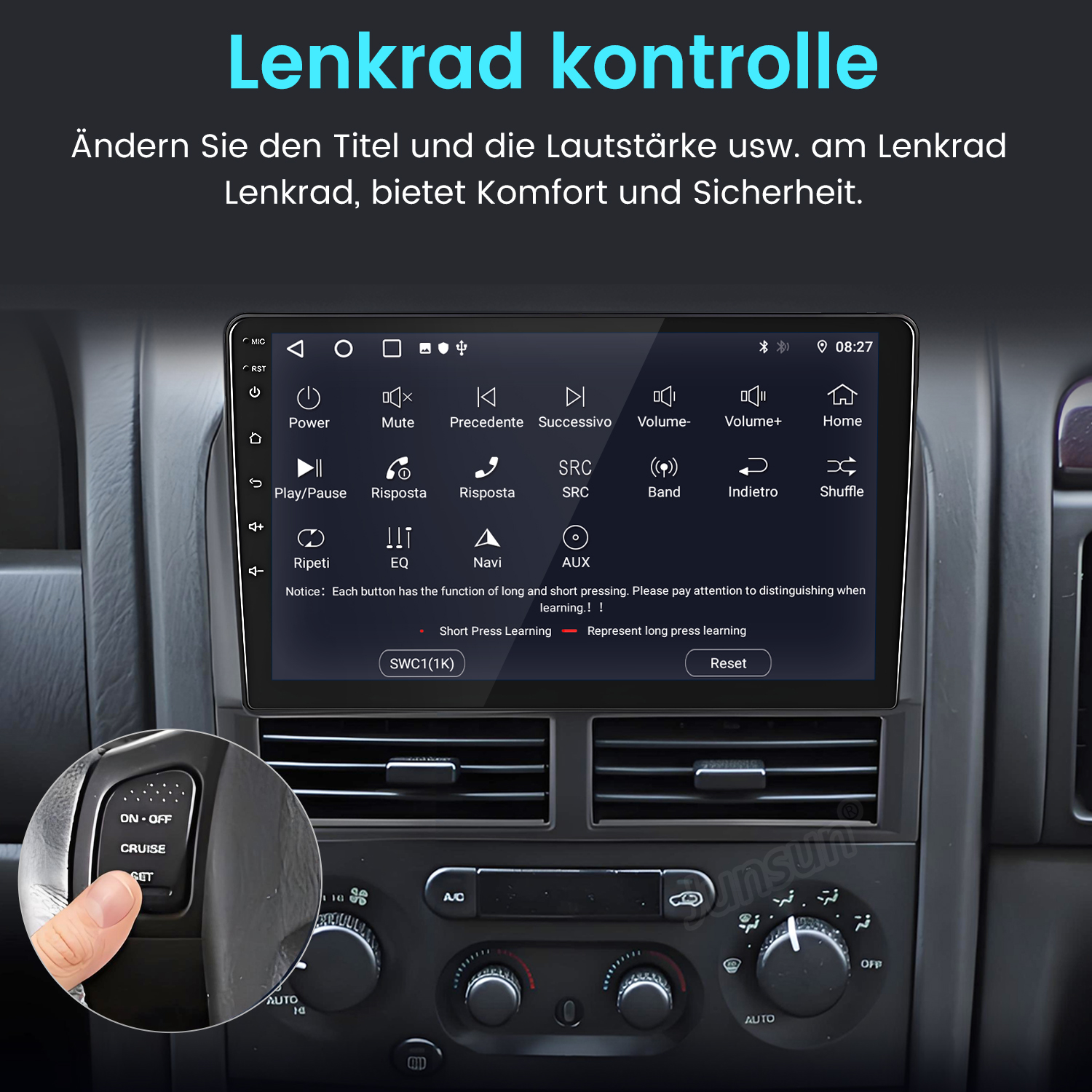 Ein Finger drückt die SET-Taste am Lenkrad. Der Touchscreen zeigt Menüs.