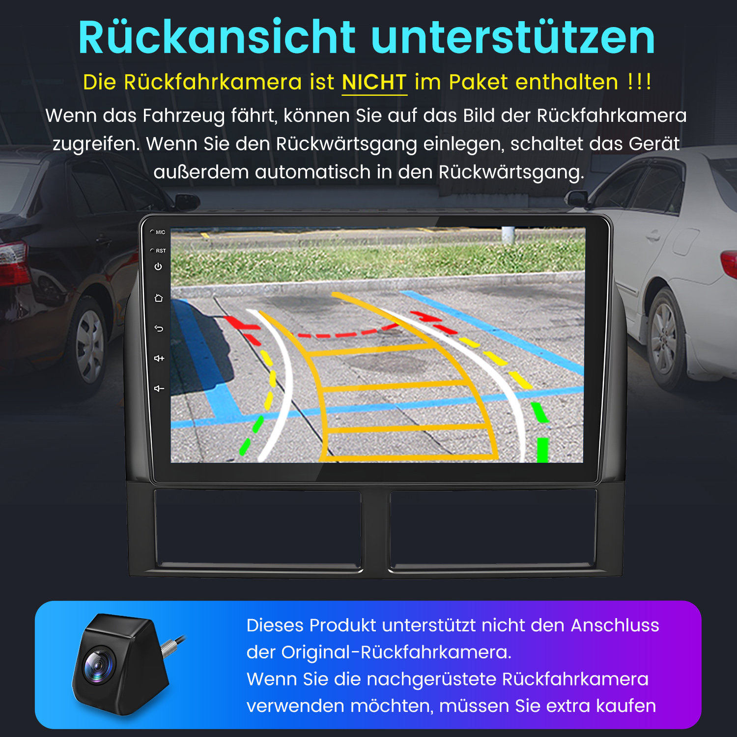 Ein Autoradio zeigt die Rückfahrkamera-Ansicht mit Parklinien. Eine kleine Kamera ist abgebildet.