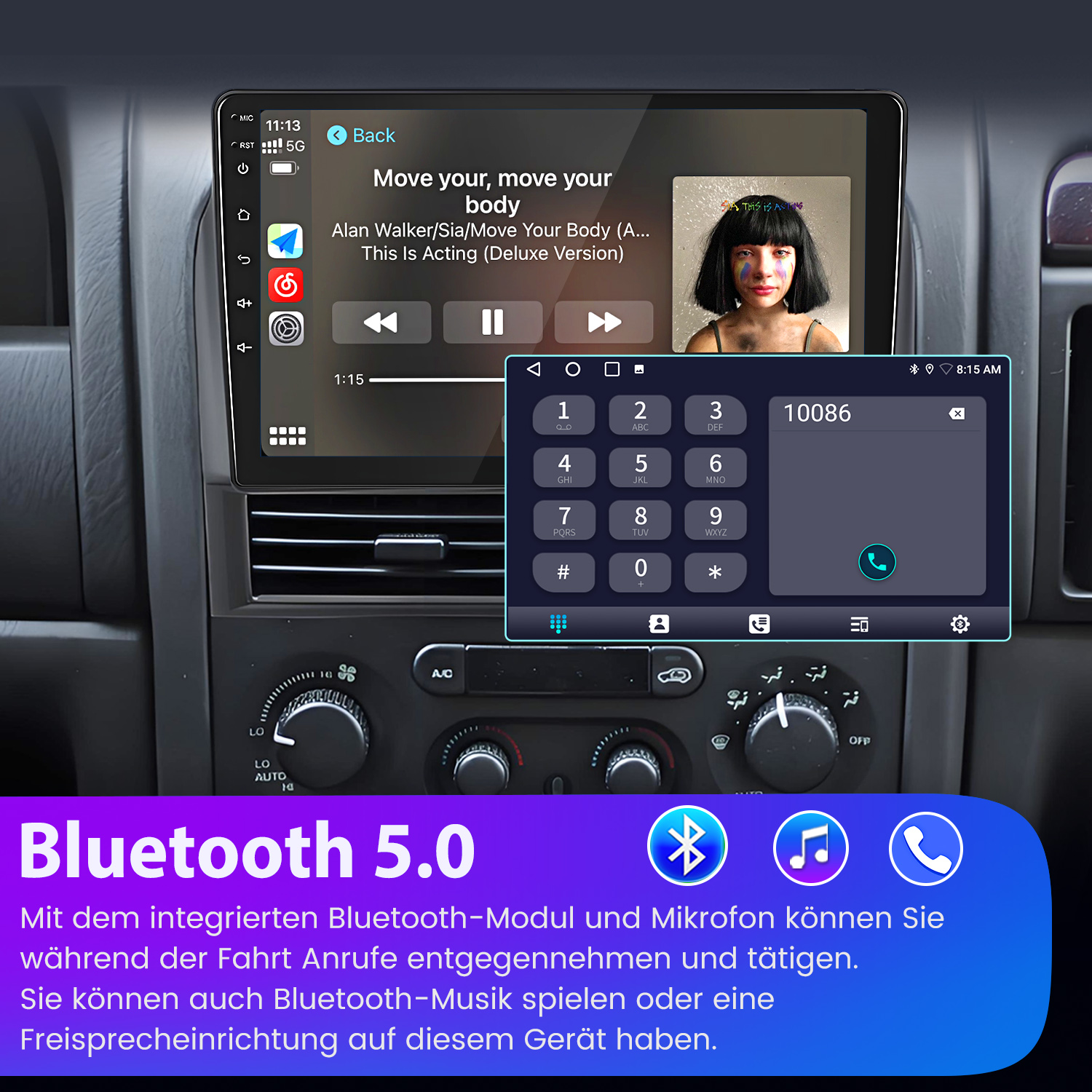 Autoradio-Bildschirm zeigt Musikwiedergabe und Ziffernblock. Unten Bluetooth-Symbol.