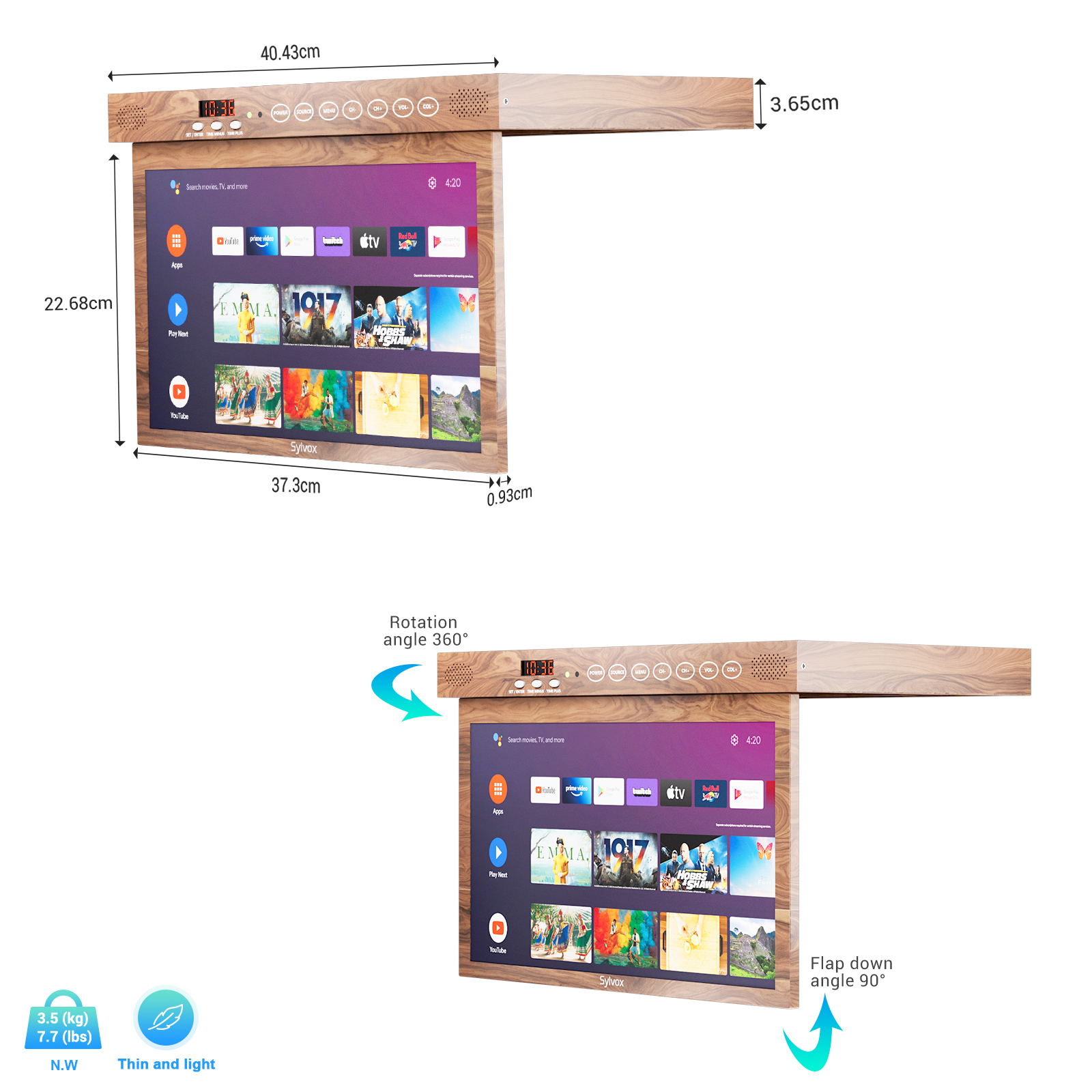 Un televisor inteligente con marco de madera muestra apps y películas. Se muestran dimensiones.