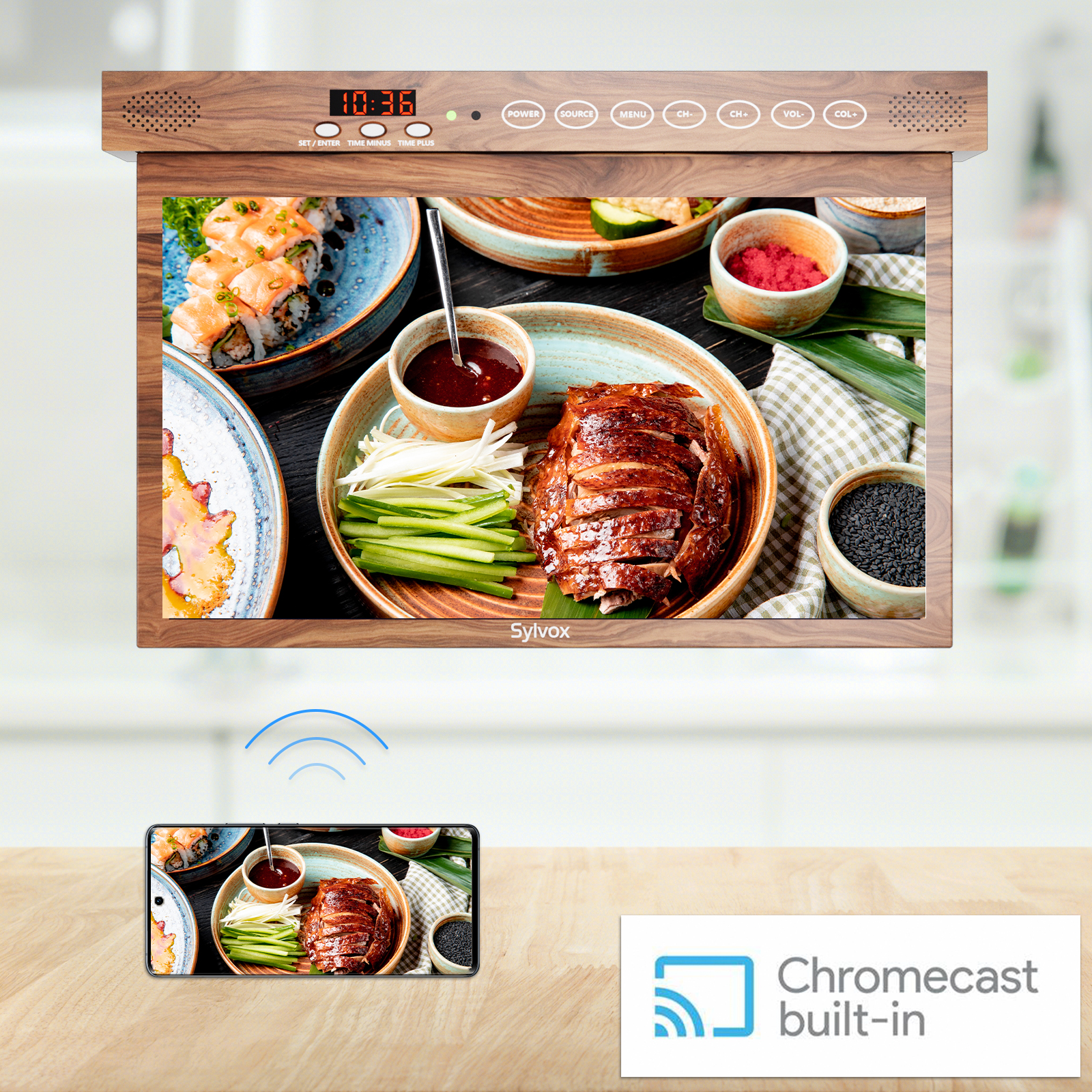 Una pantalla muestra pato, sushi y guarniciones. Un teléfono refleja el contenido.