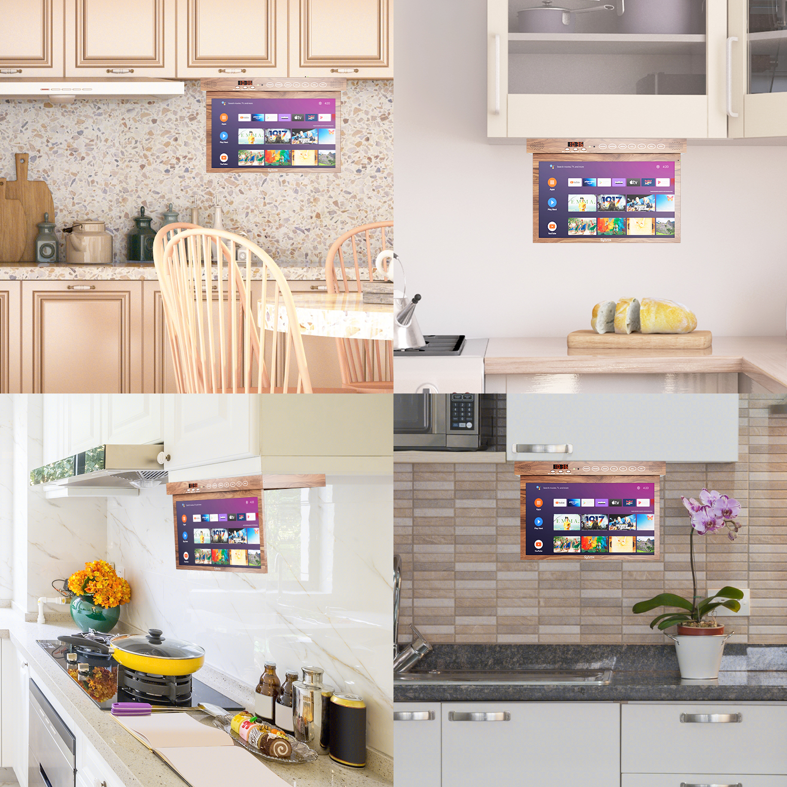 Una pantalla con aplicaciones cuelga sobre una encimera de cocina con pan.