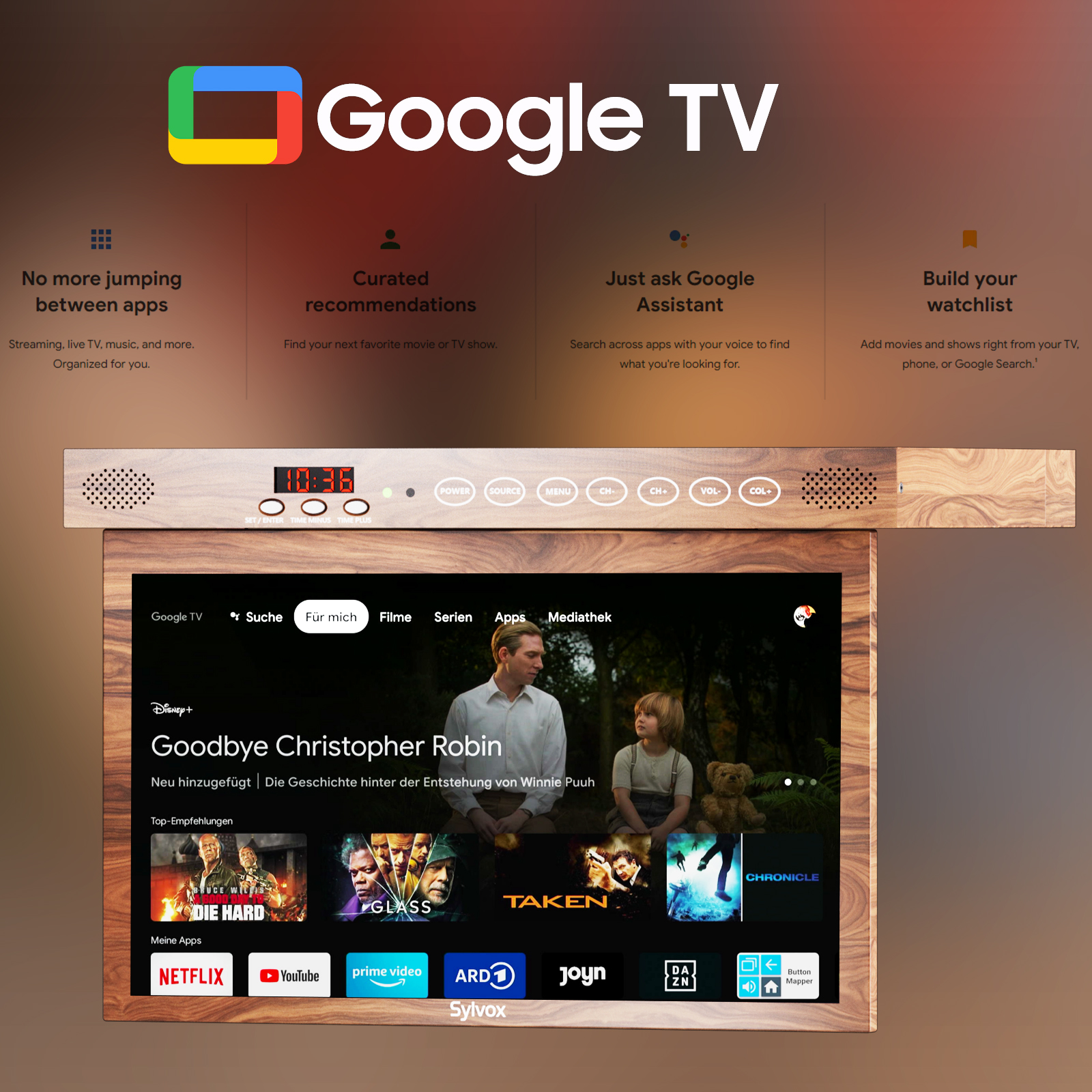 Interfaz de Google TV con barra de menú y selecciones de películas. Funciones listadas arriba.