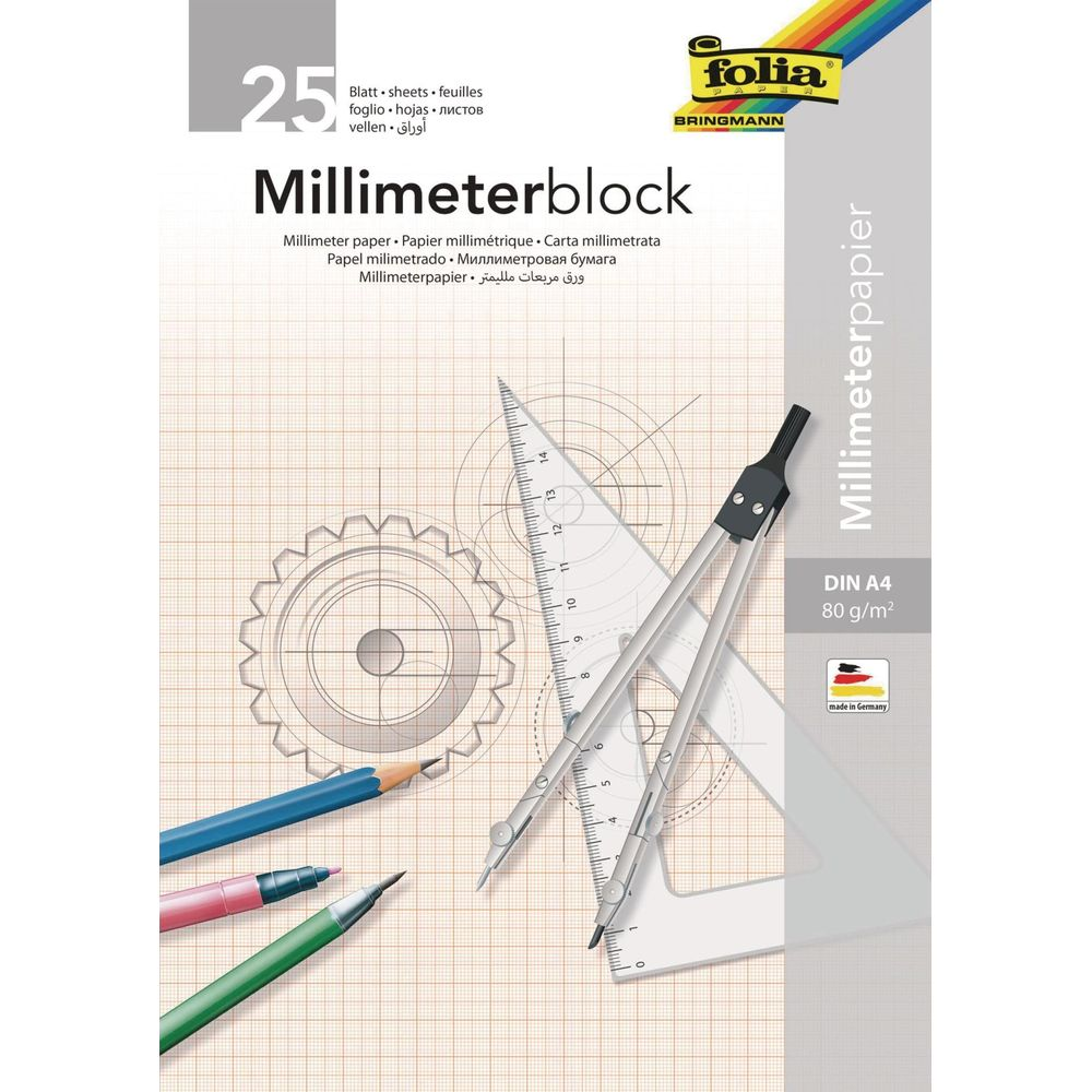 Millimeterpapier mit Zeichenwerkzeugen, Bleistiften und Lineal.