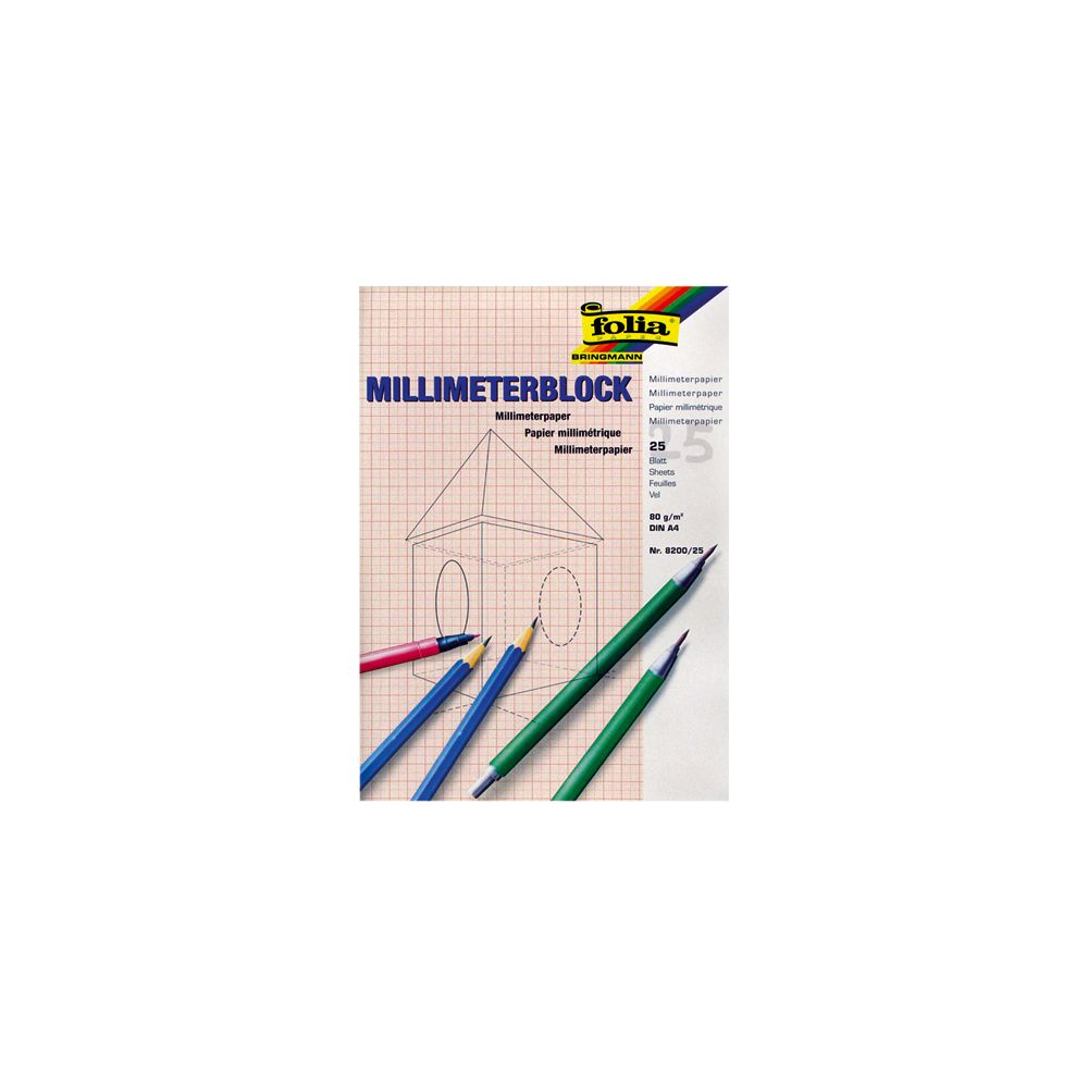 Millimeterpapierblock mit Stiften und einer Zeichnung eines Hauses.