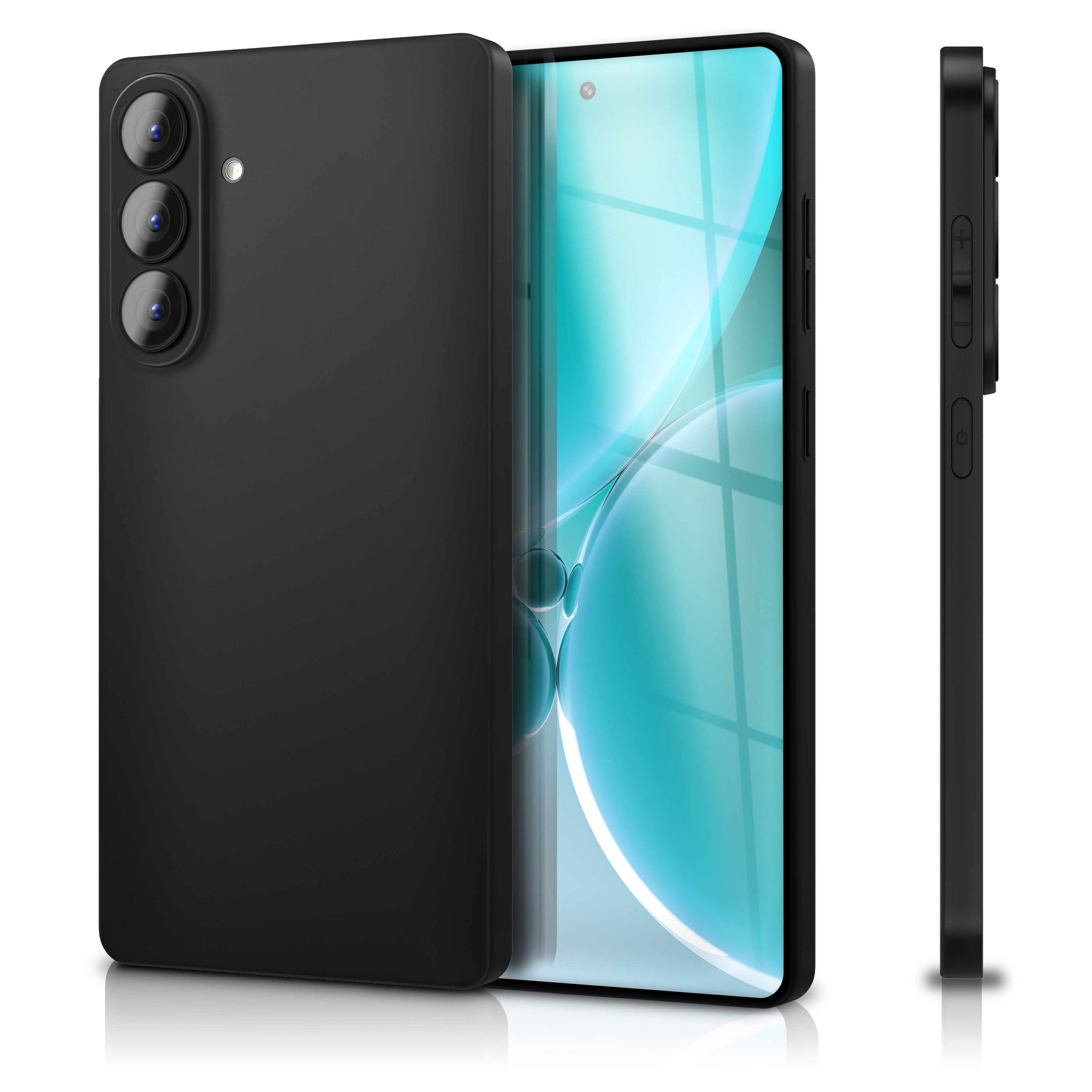 Ein schwarzes Smartphone mit drei Kameras wird von vorne und von der Seite gezeigt.