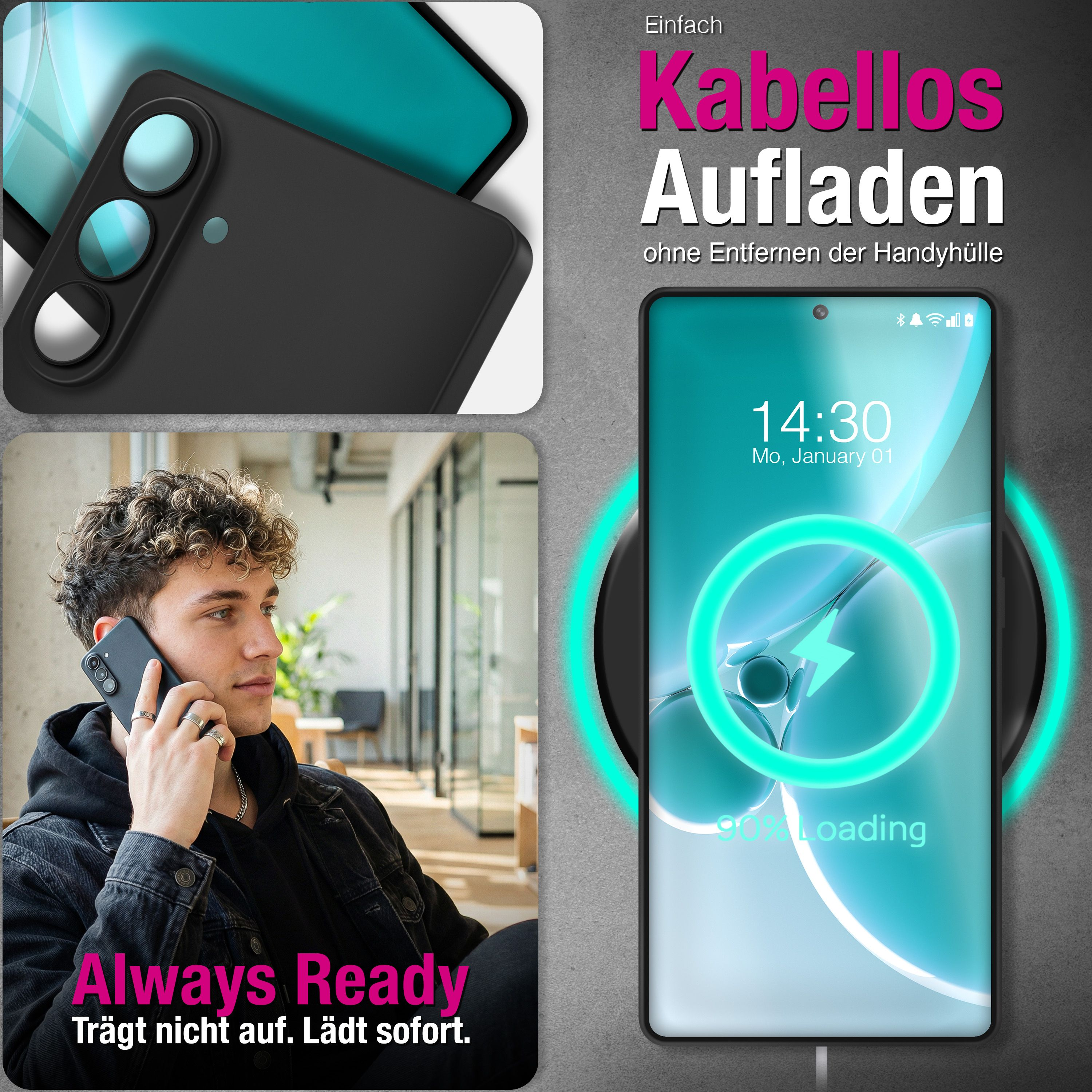 Mann telefoniert, Handy wird kabellos geladen. Text: Kabellos Aufladen.