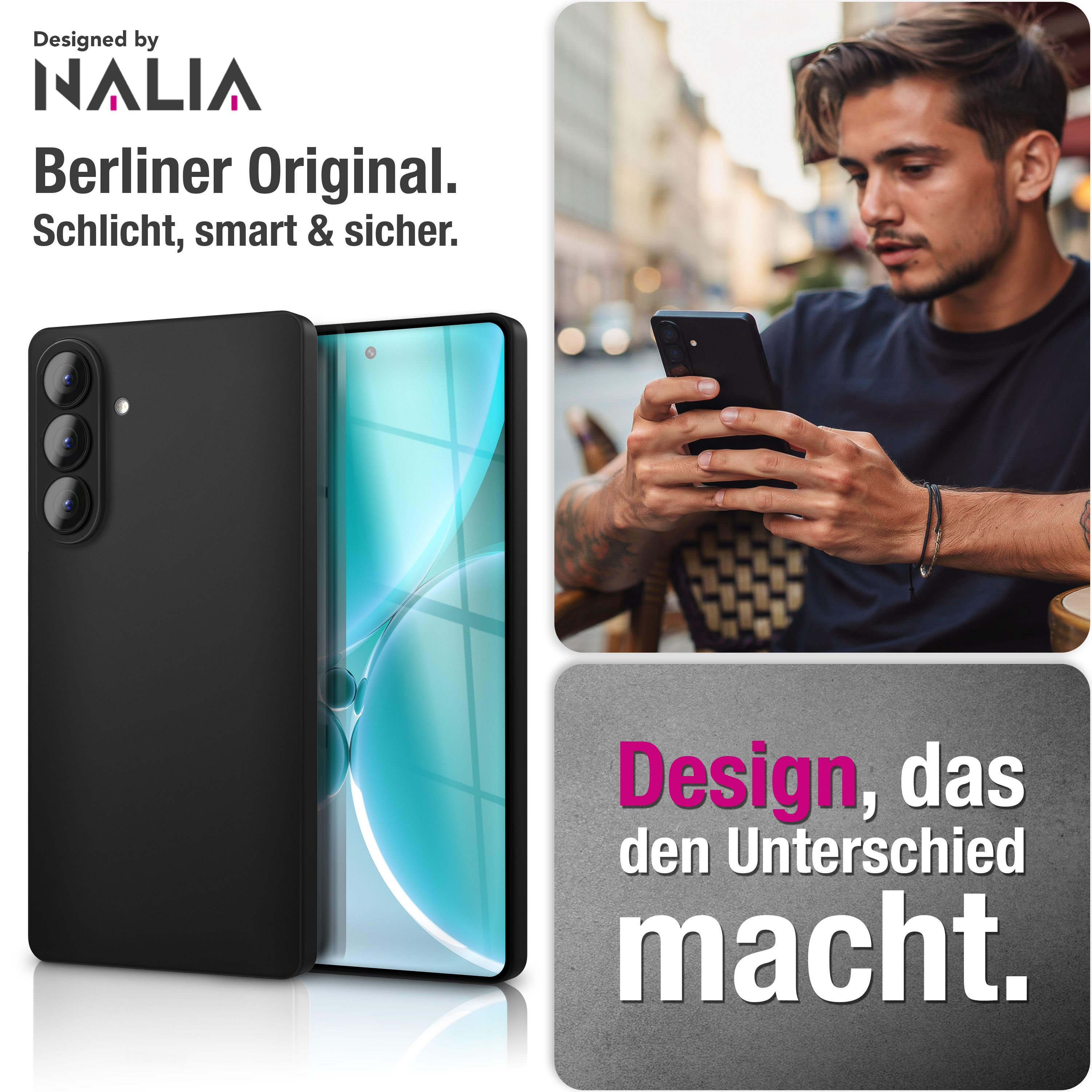 Ein schwarzes Smartphone mit drei Kameras liegt neben einem Mann, der ein Handy benutzt.