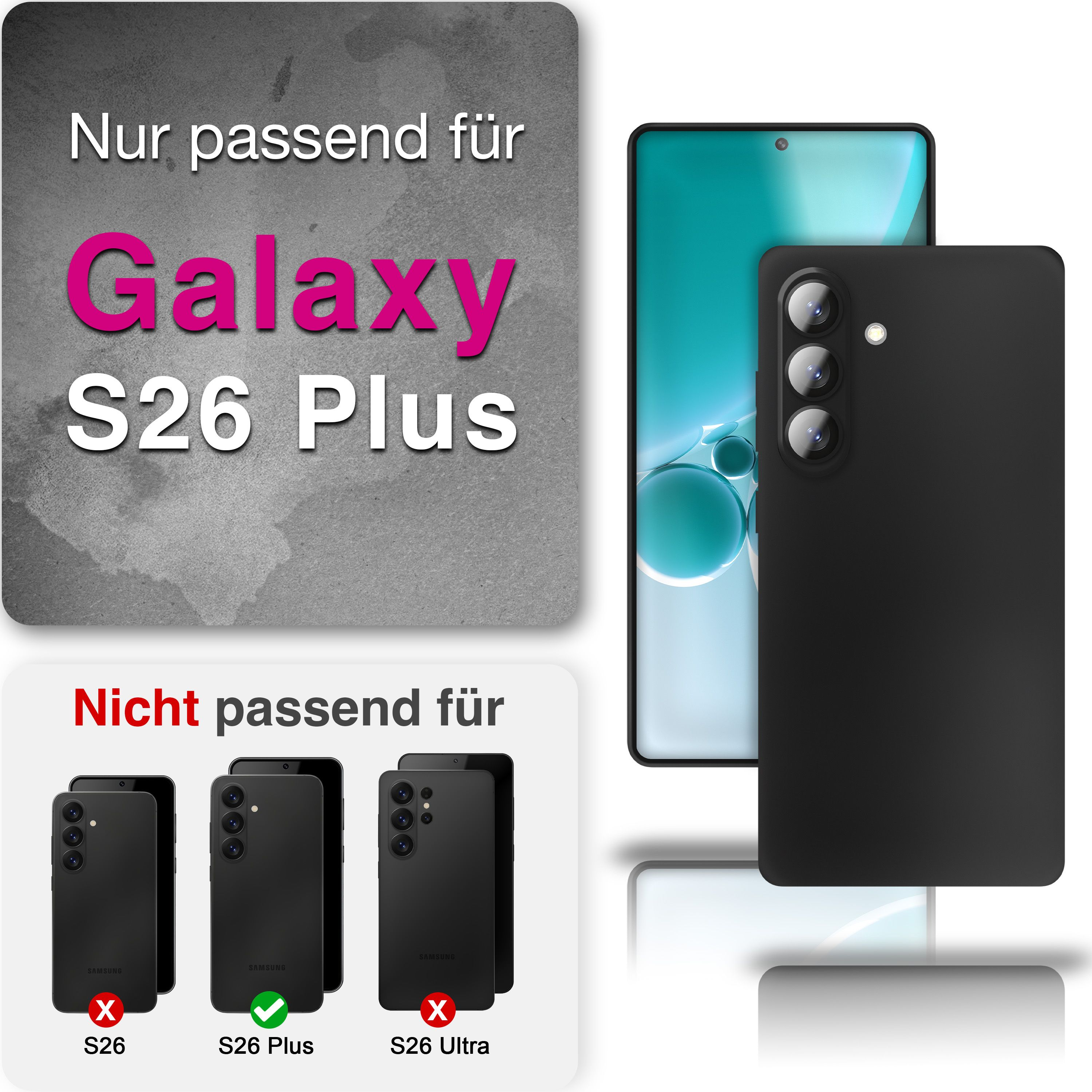 Schwarze Handyhülle für Galaxy S26 Plus, nicht für S26/Ultra.