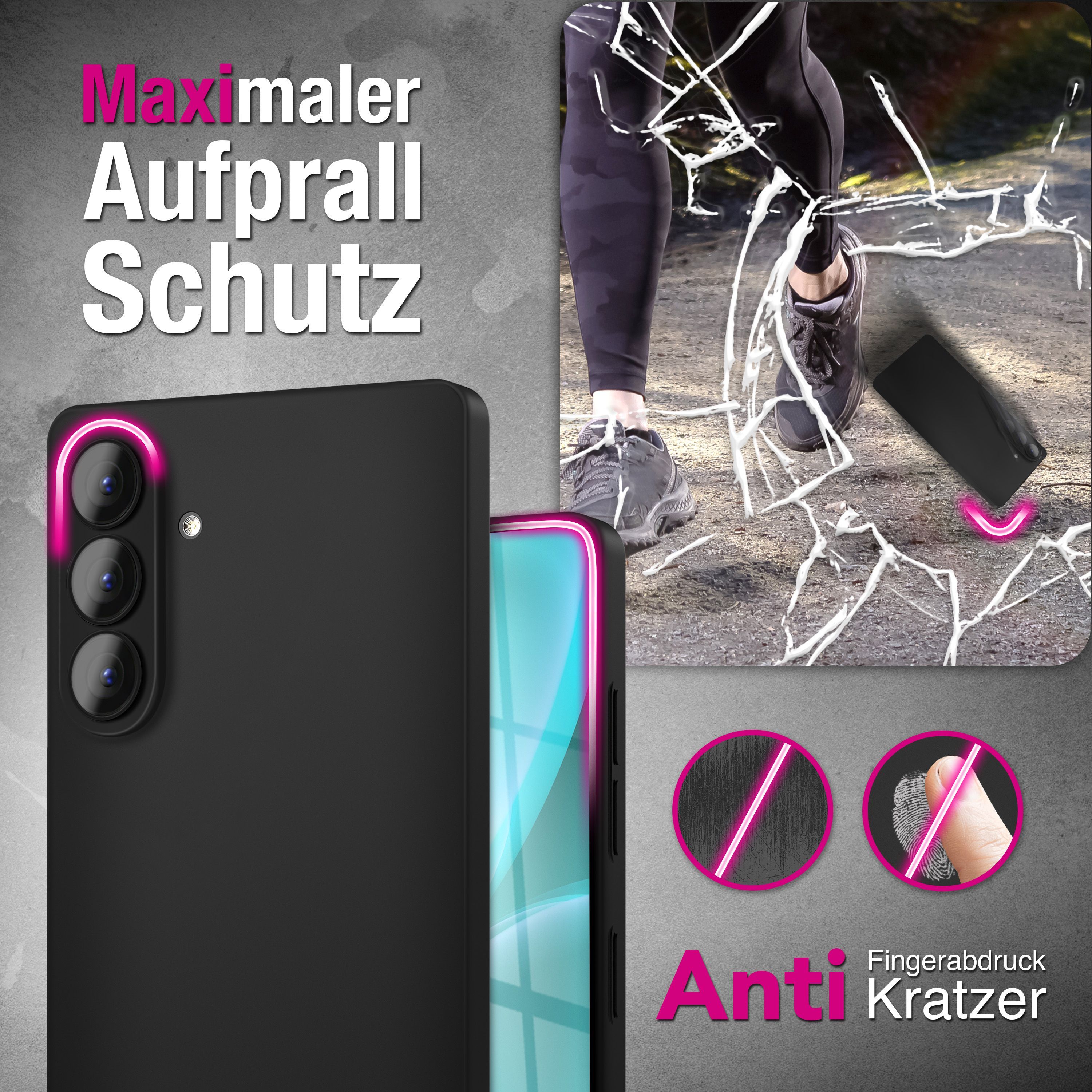 Schwarzes Handy mit pinker Umrandung, neben zersplittertem Glas und einem Fuß.