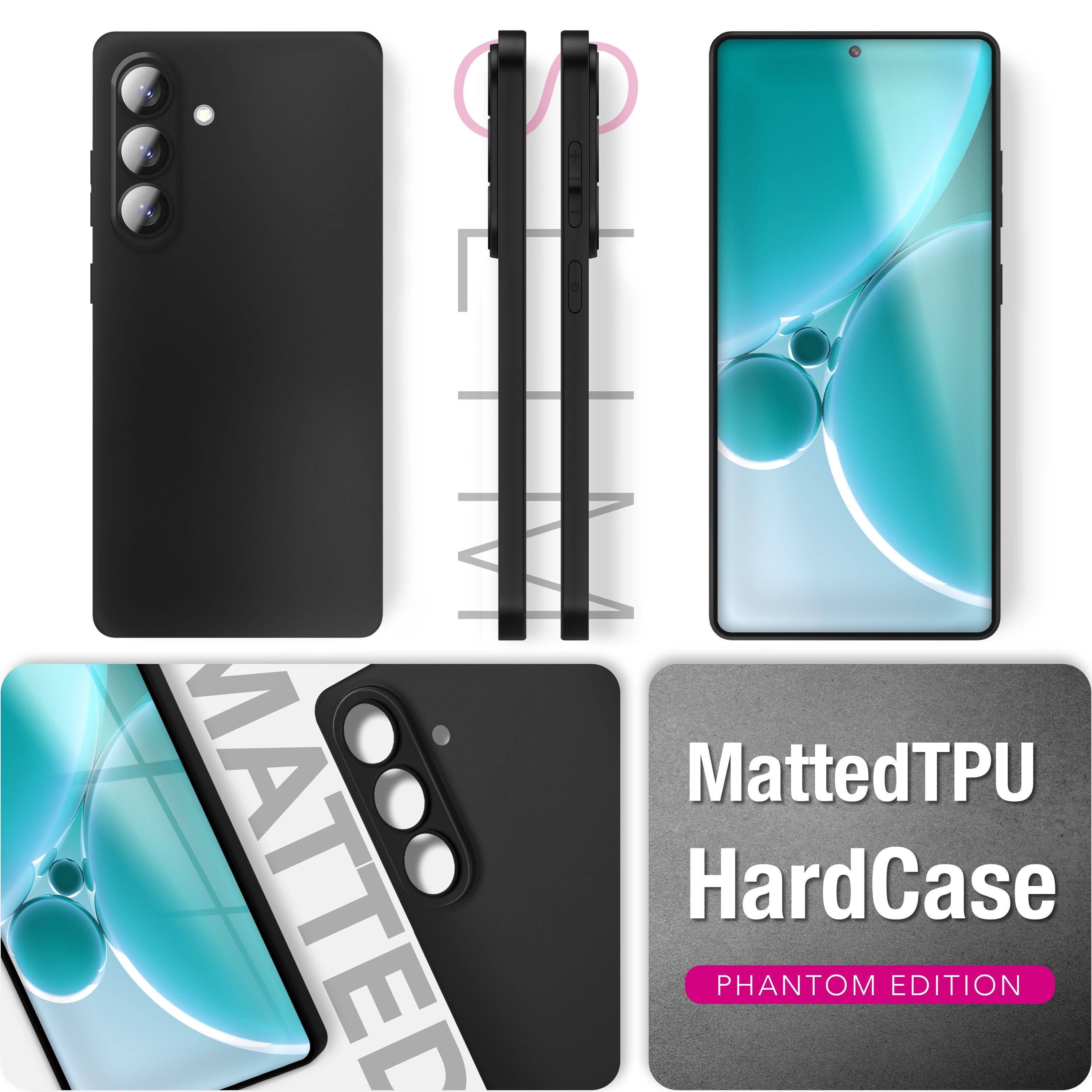 Schwarzes Handy mit drei Kameras, seitliche Ansichten und Bildschirm.