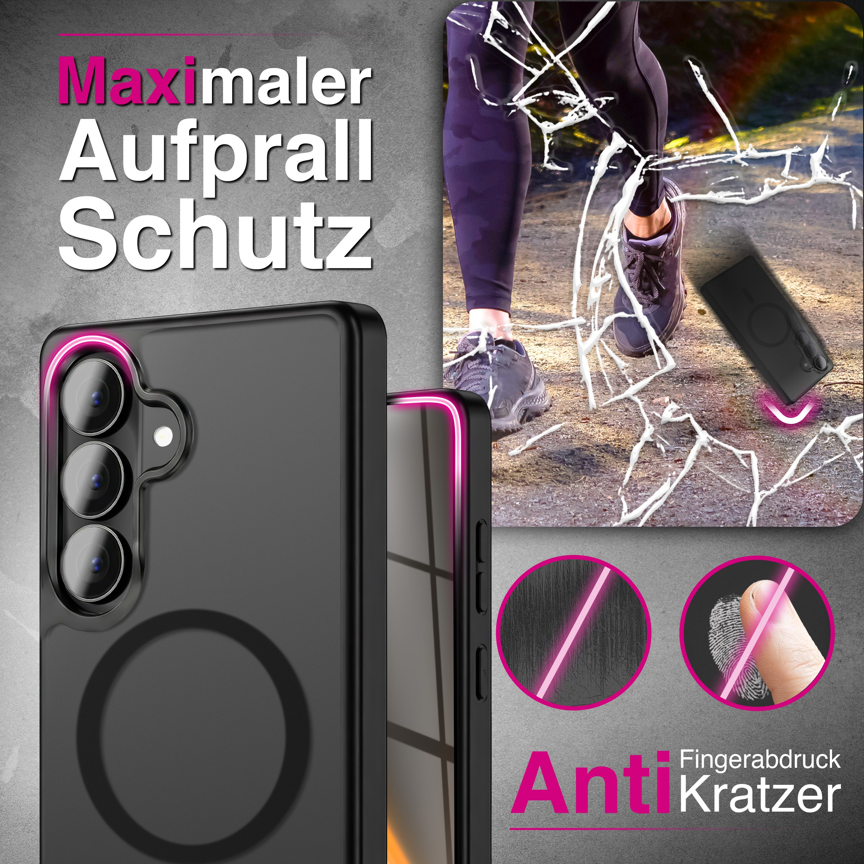 Schwarze Handyhülle mit Kameraschutz, die vor Stürzen und Kratzern schützt.