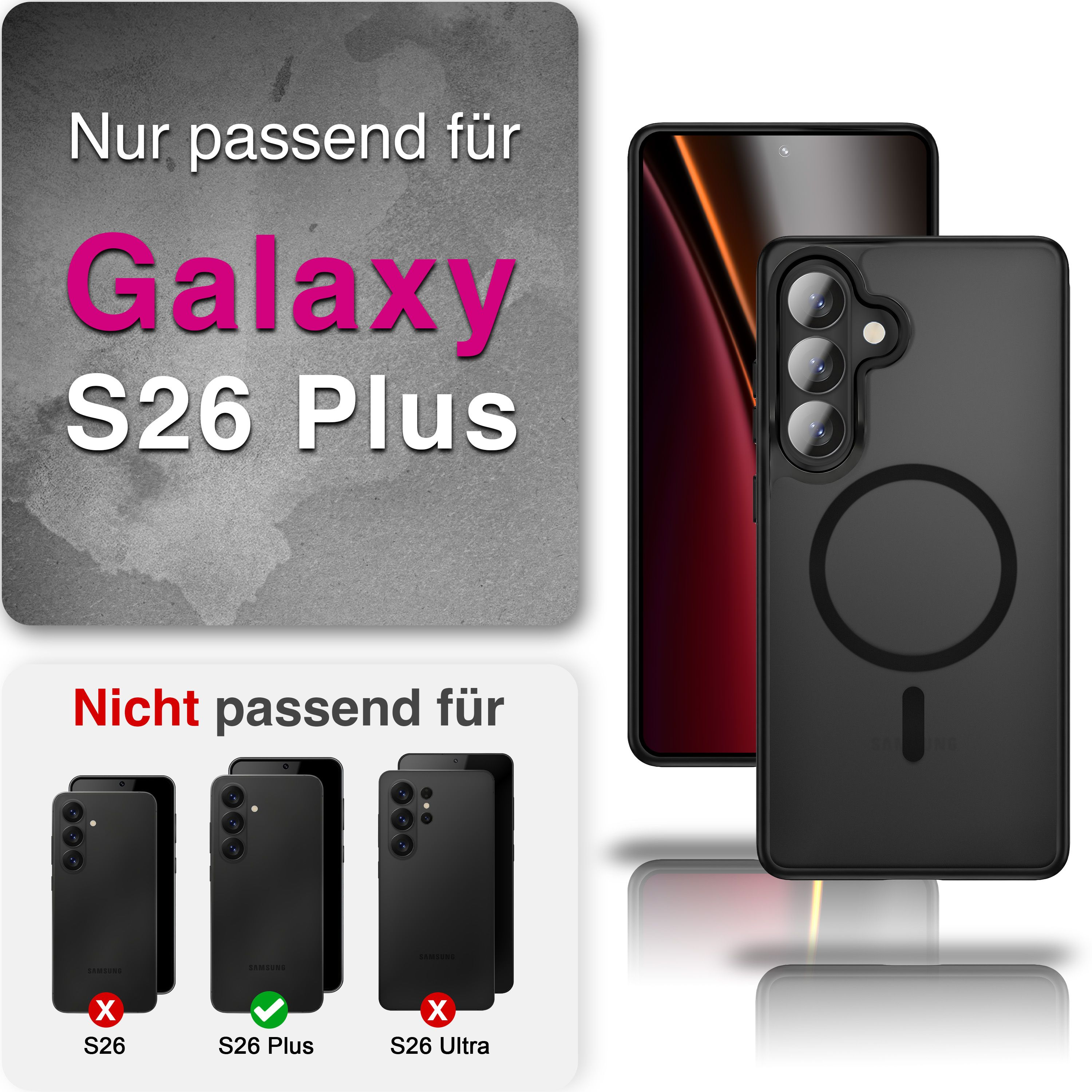 Schwarze Handyhülle für Samsung Galaxy S26 Plus, nicht S26/Ultra.