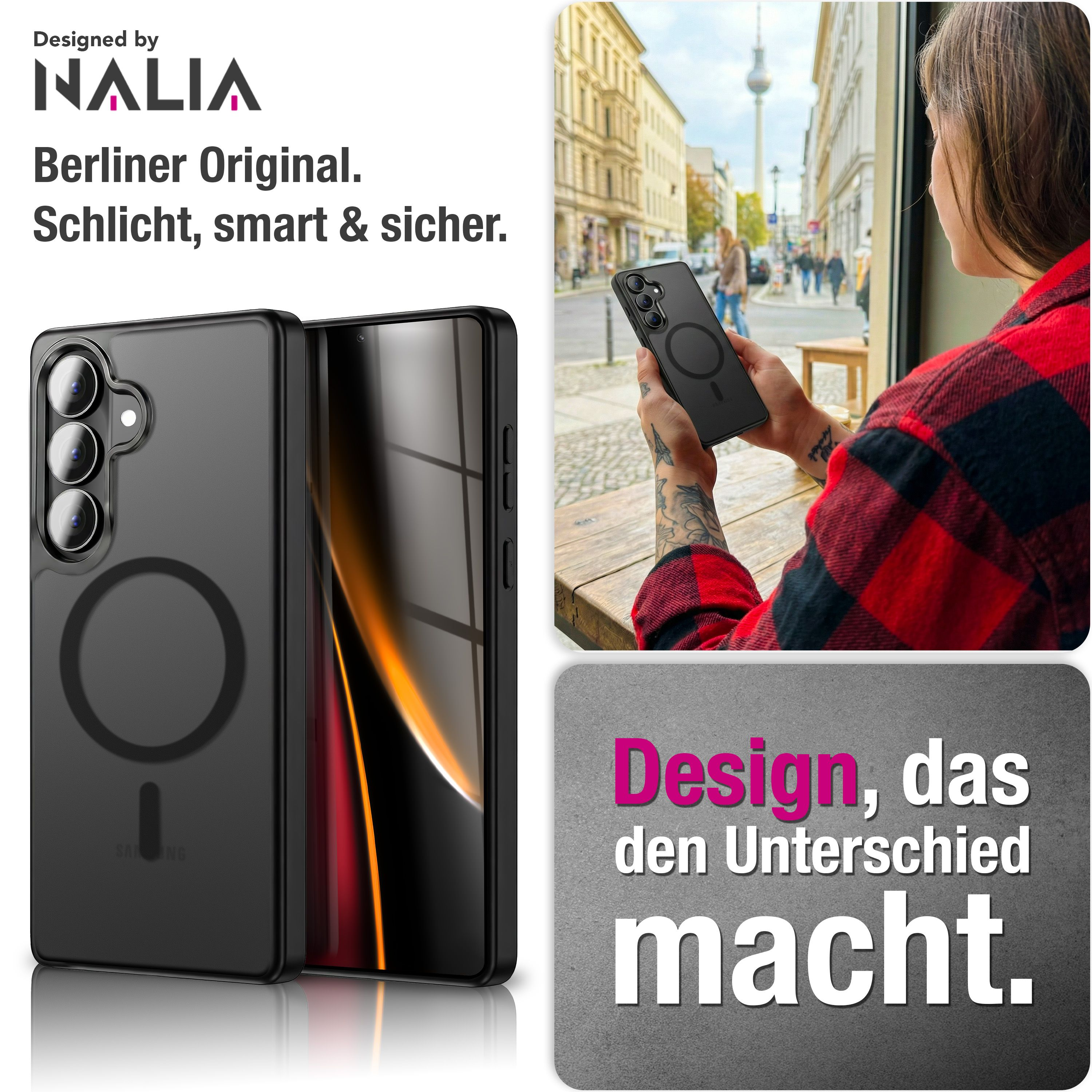 Schwarze Handyhülle mit Magnetring und Nalia-Logo. Blick auf Berlin.