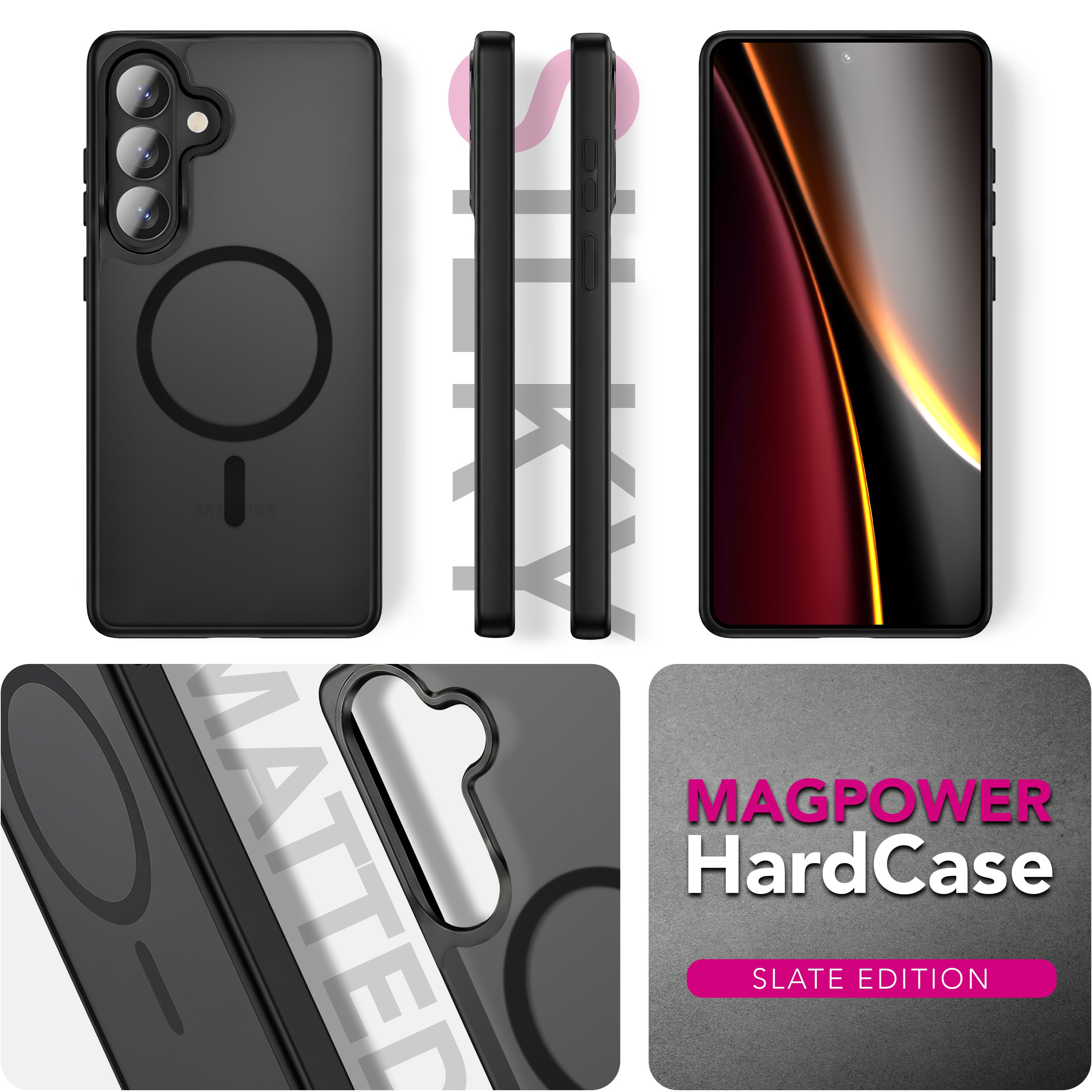 Schwarze Handyhülle mit drei Kameras und Magnetring. Auf der Vorderseite ist ein Handy mit dunklem Hintergrund.