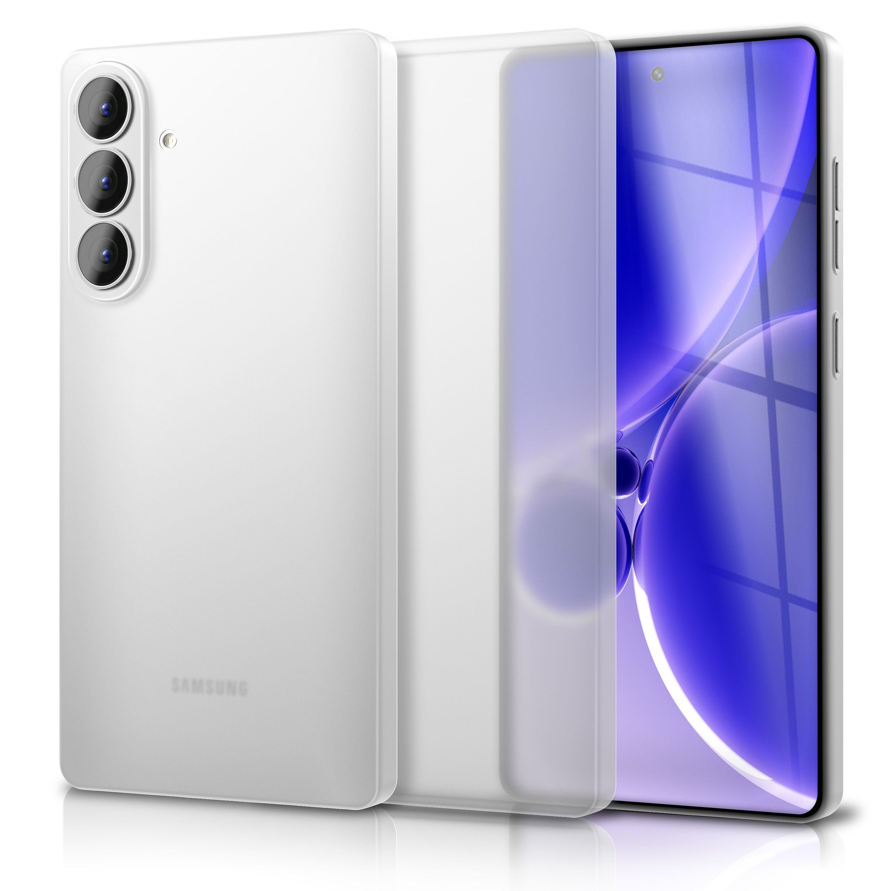 Ein weißes Samsung-Smartphone mit drei Kameras auf der Rückseite und einem blauen Hintergrund.