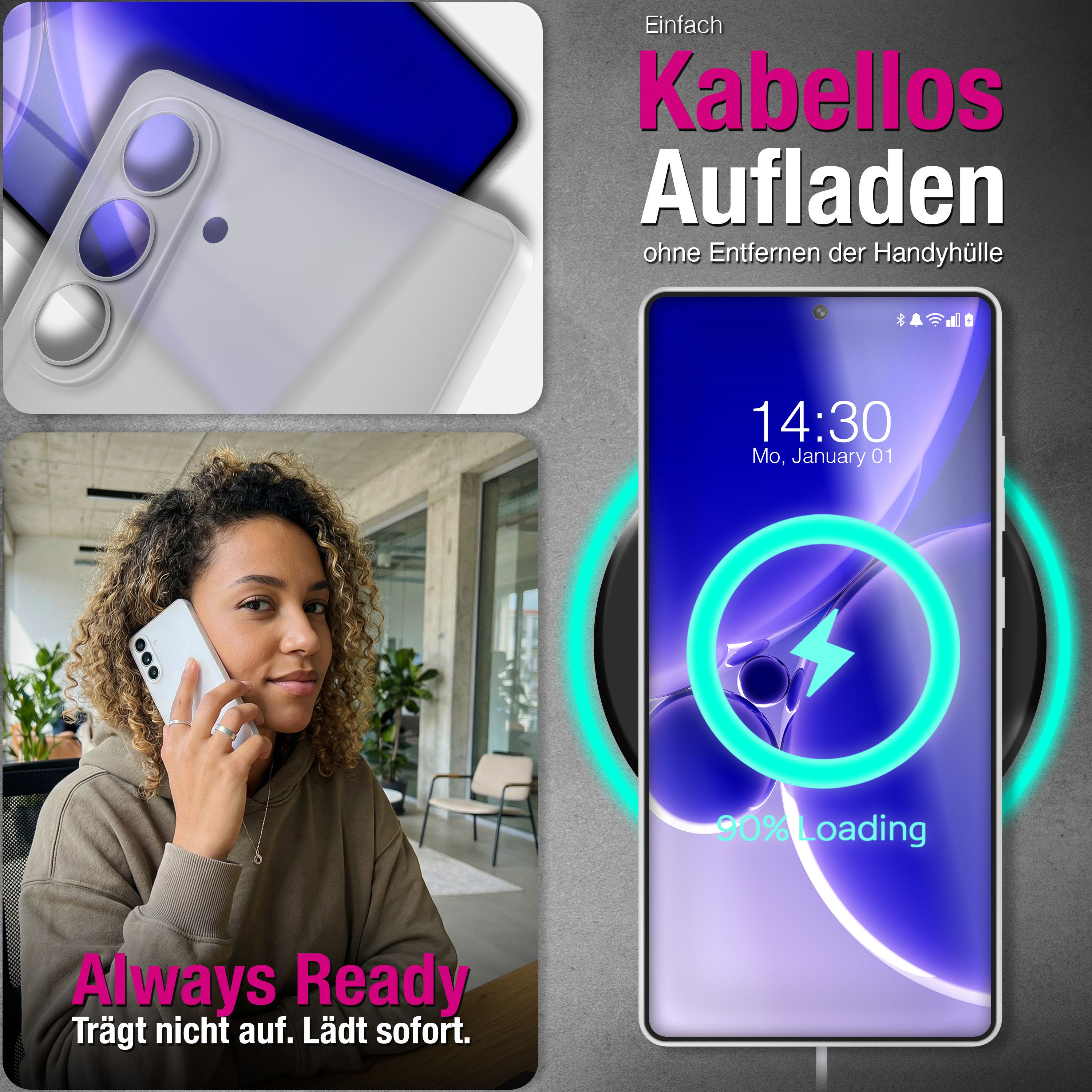 Frau telefoniert mit weißem Handy. Handy lädt kabellos mit grünem Kreis.