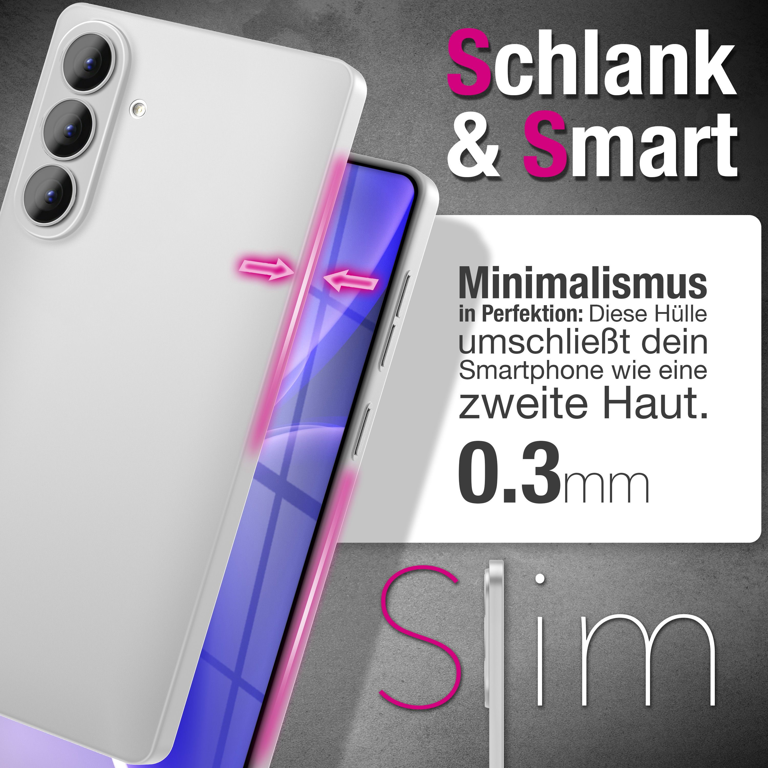Eine weiße Handyhülle mit Text, der ihre Schlankheit und ihr minimalistisches Design beschreibt, mit Pfeilen, die auf ihre dünnen Kanten zeigen.