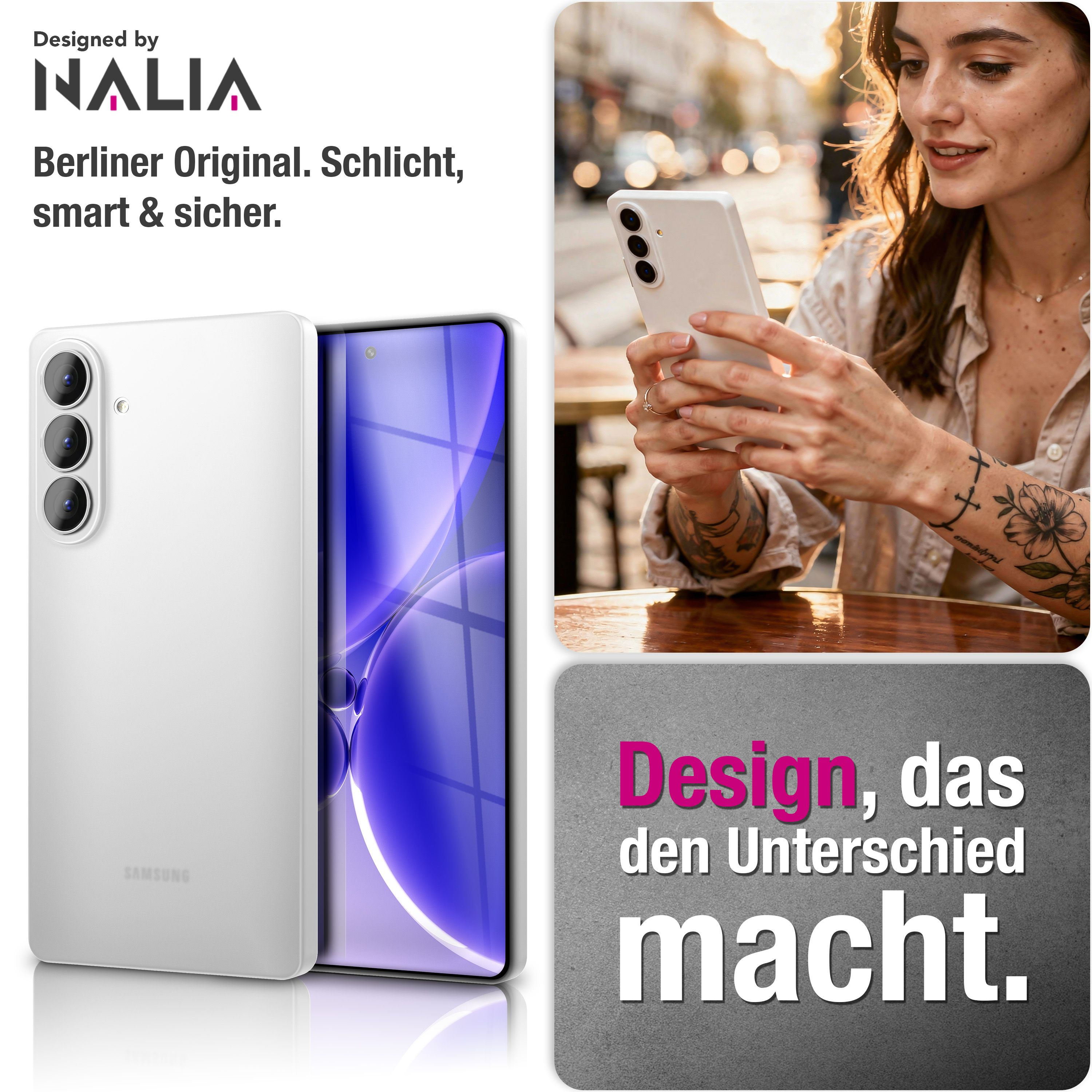 Ein weißes Samsung-Smartphone mit drei Kameras neben einer Frau.