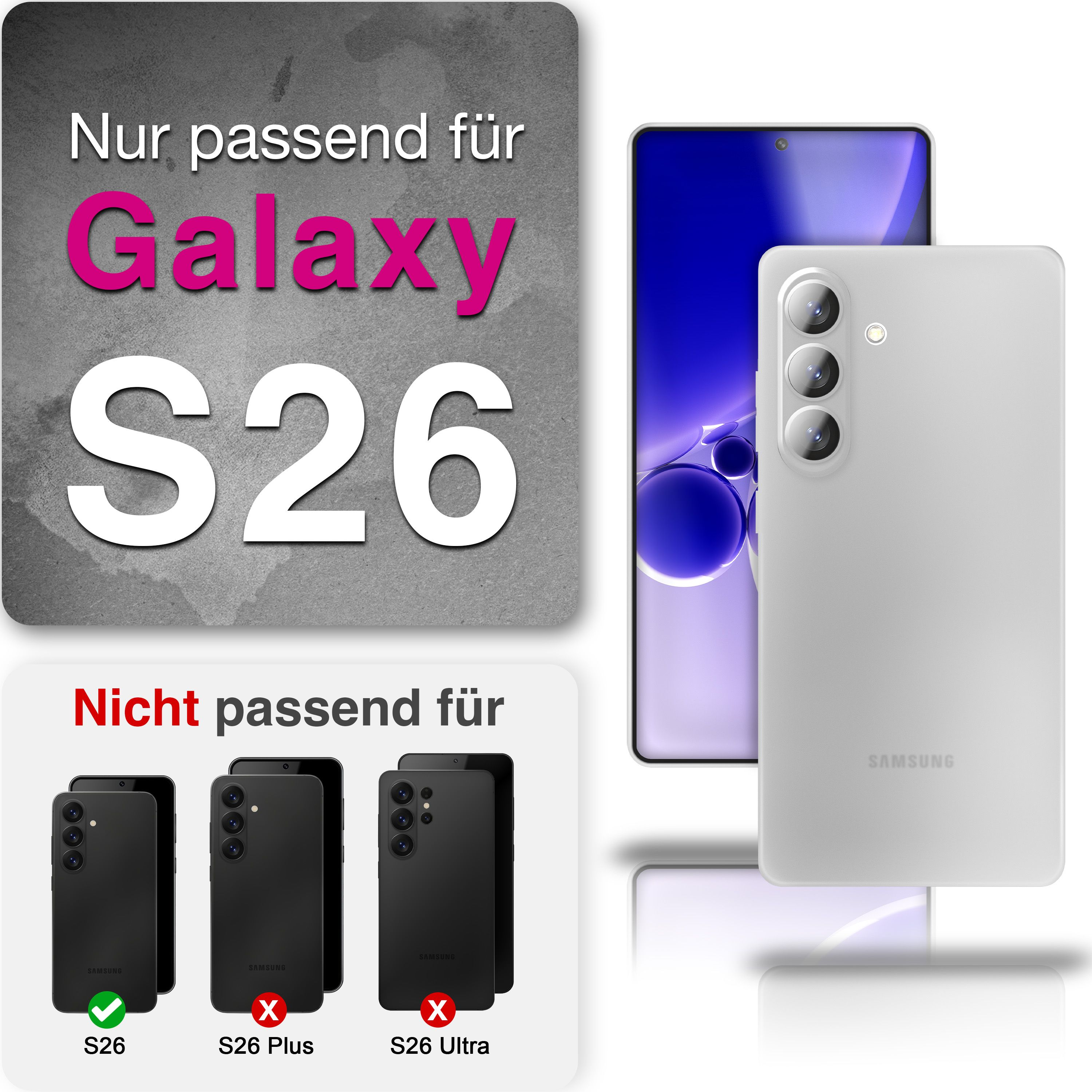 Nur für Galaxy S26. Nicht für S26 Plus/Ultra. Weiße und blaue Handys.